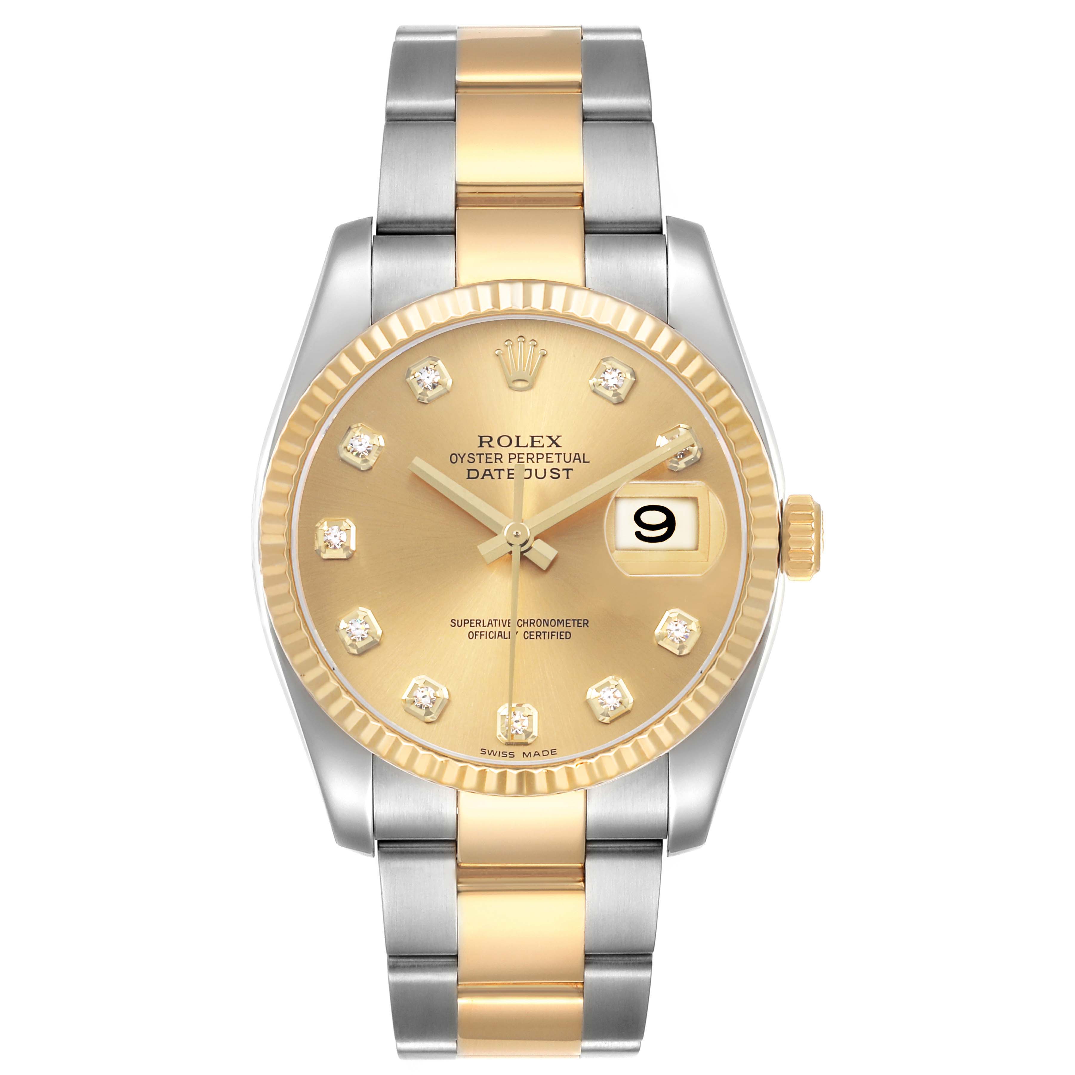 The Rolex Datejust 116233 Men's Steel and Gold (two tone) Champagne Dial watch is shown from a front view displaying its gold and silver bracelet, gold dial, and diamond hour markers.