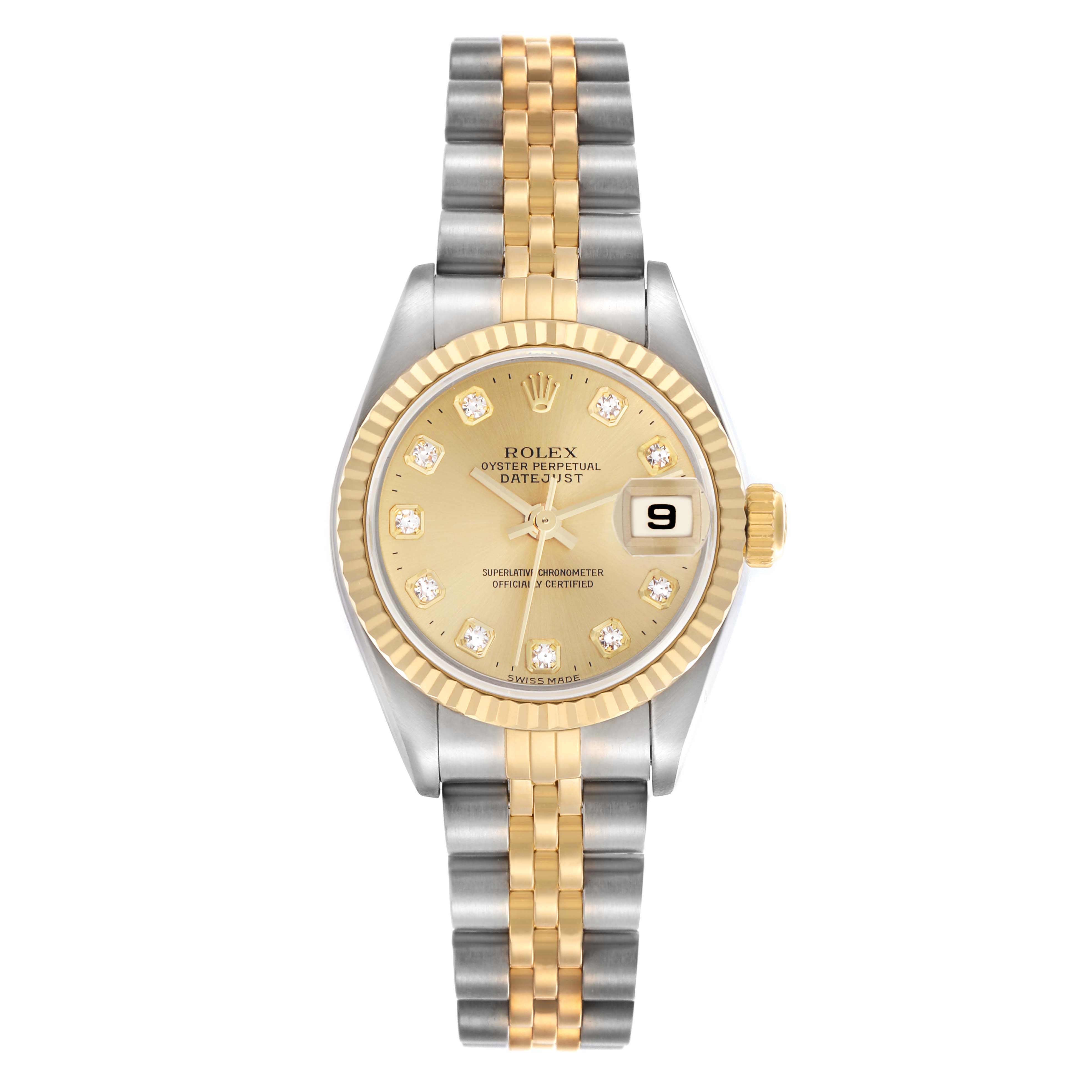 The Rolex Datejust 79173 Women's Steel and Gold (two tone) Champagne Dial 79173 Women's Steel and Gold (two tone) Champagne Dial watch is shown from the front, highlighting its dial, bezel, bracelet, and date window.