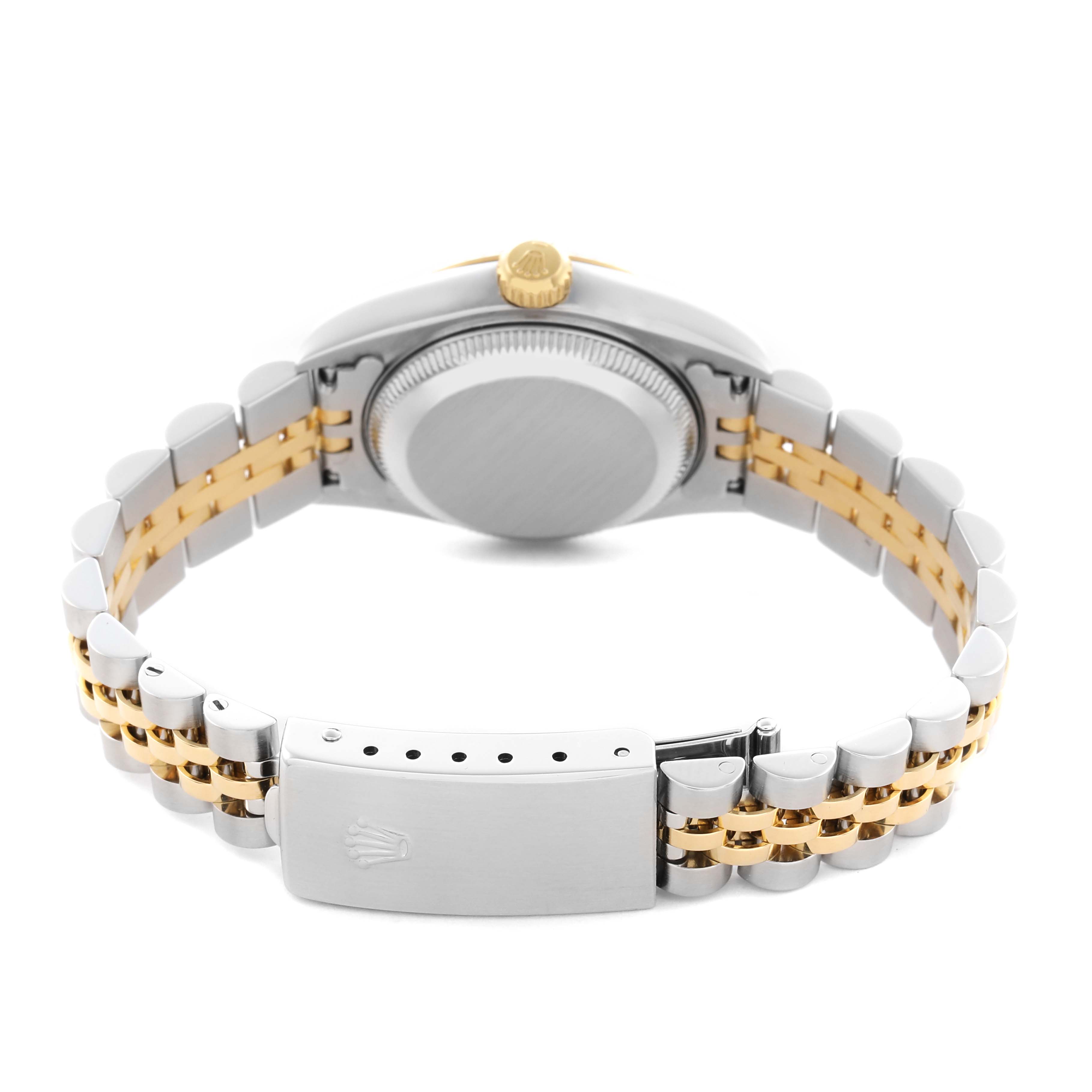 The Rolex Datejust 79173 Women's Steel and Gold (two tone) Champagne Dial 79173 Women's Steel and Gold (two tone) Champagne Dial watch is shown from the back, displaying the case back, crown, and two-tone bracelet.