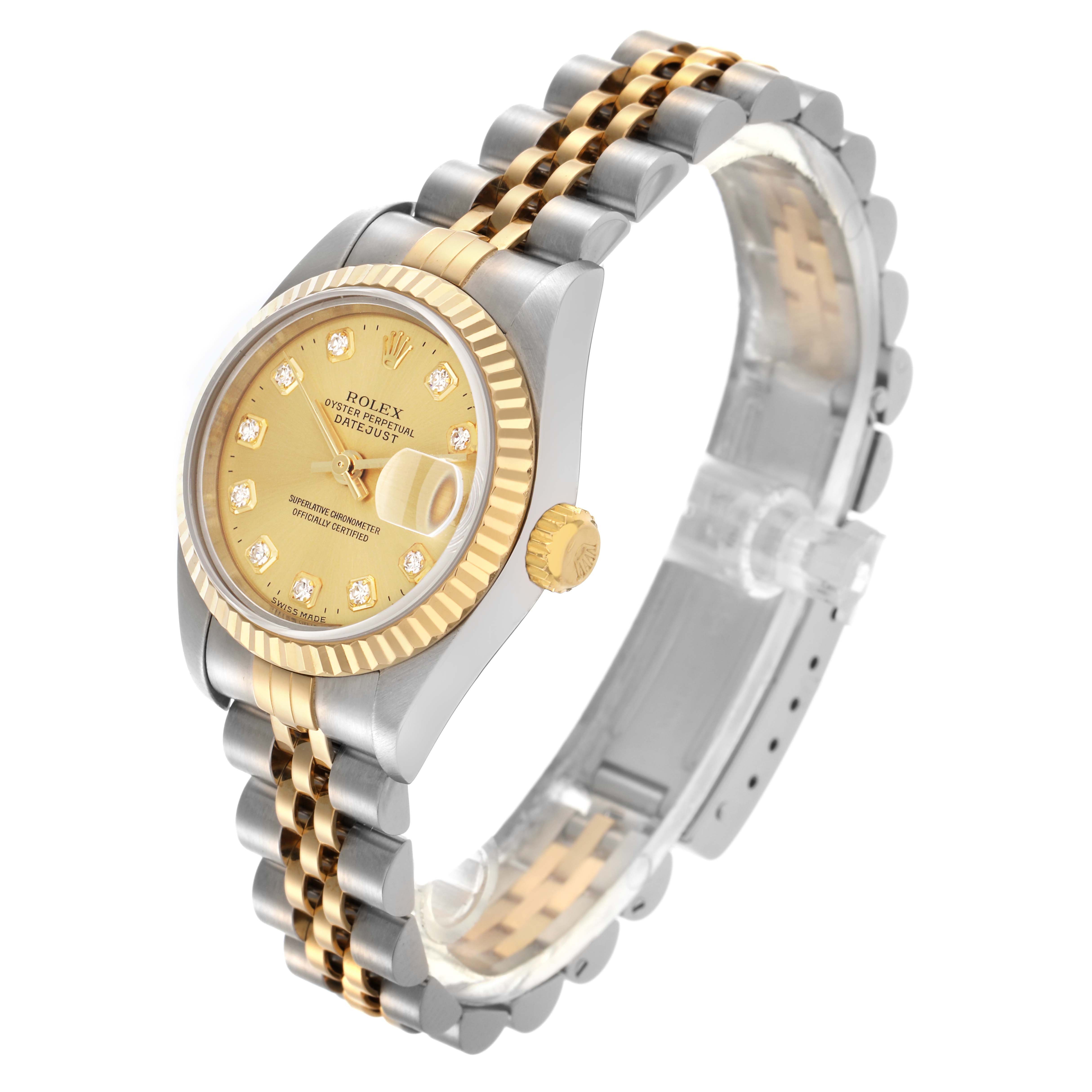 The Rolex Datejust 79173 Women's Steel and Gold (two tone) Champagne Dial 79173 Women's Steel and Gold (two tone) Champagne Dial watch is shown from a three-quarter angle, highlighting the gold bezel, dial, and two-tone bracelet.