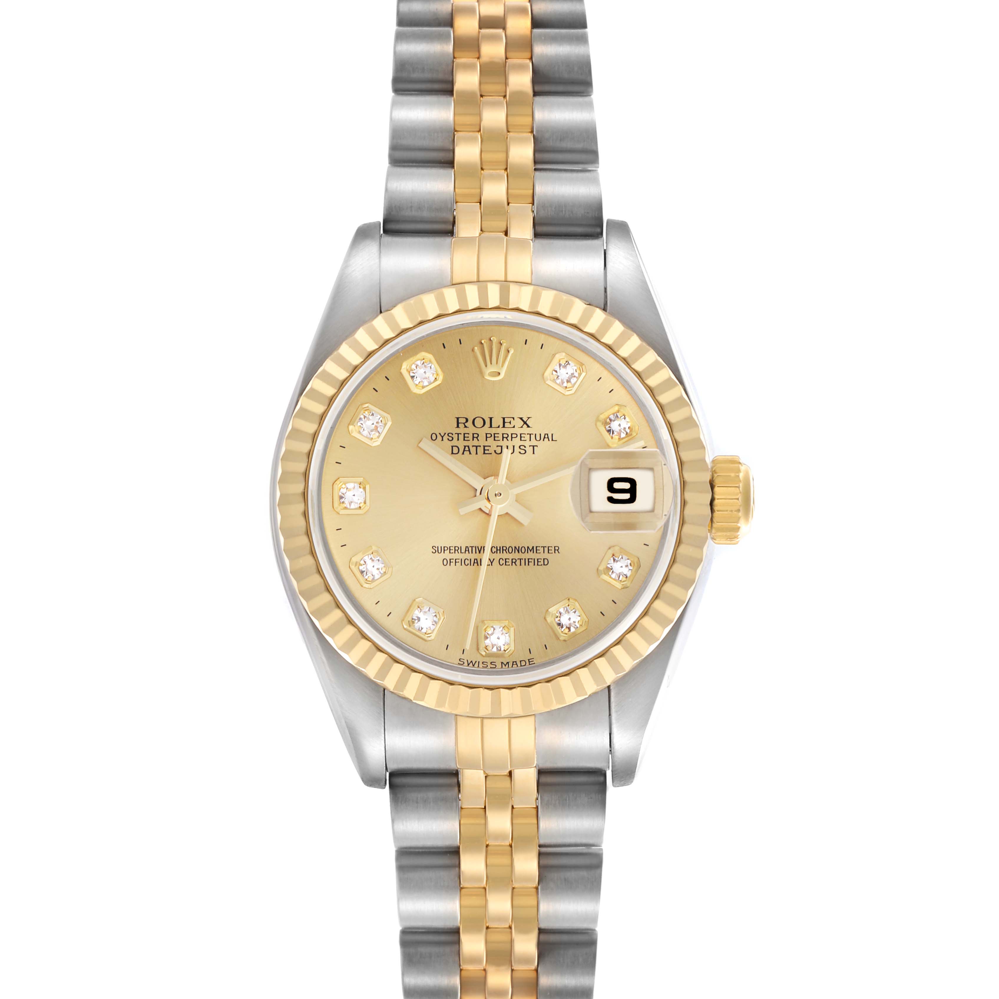 The Rolex Datejust 79173 Women's Steel and Gold (two tone) Champagne Dial 79173 Women's Steel and Gold (two tone) Champagne Dial watch is shown from a top-down angle, displaying the dial, bezel, and bracelet.