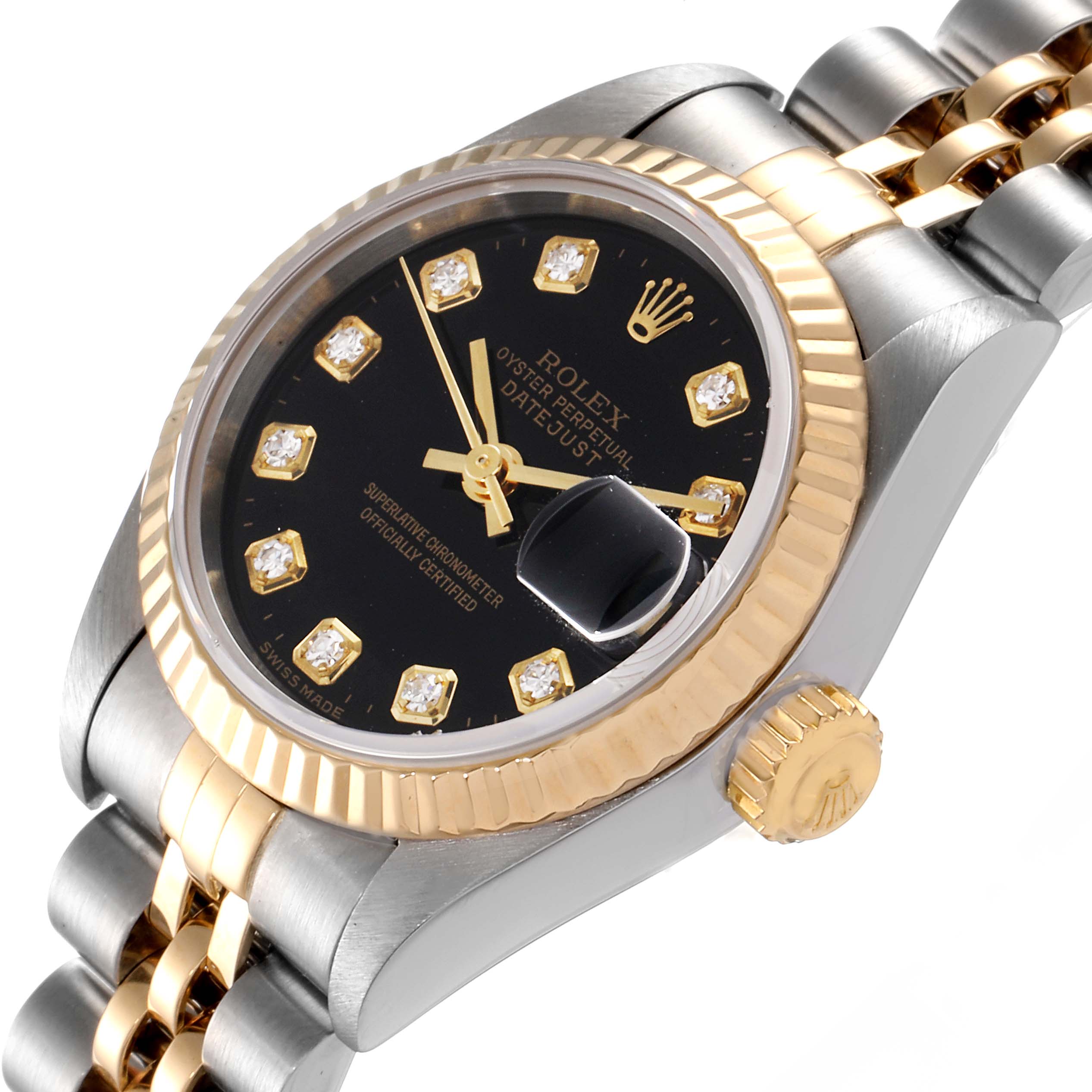 This image shows the Rolex Datejust 79173 Women
s Steel and Gold (two tone) Black Dial 79173 Women
s Steel and Gold (two tone) Black Dial watch from an angled side view, highlighting its black dial, gold accents, and jubilee bracelet.