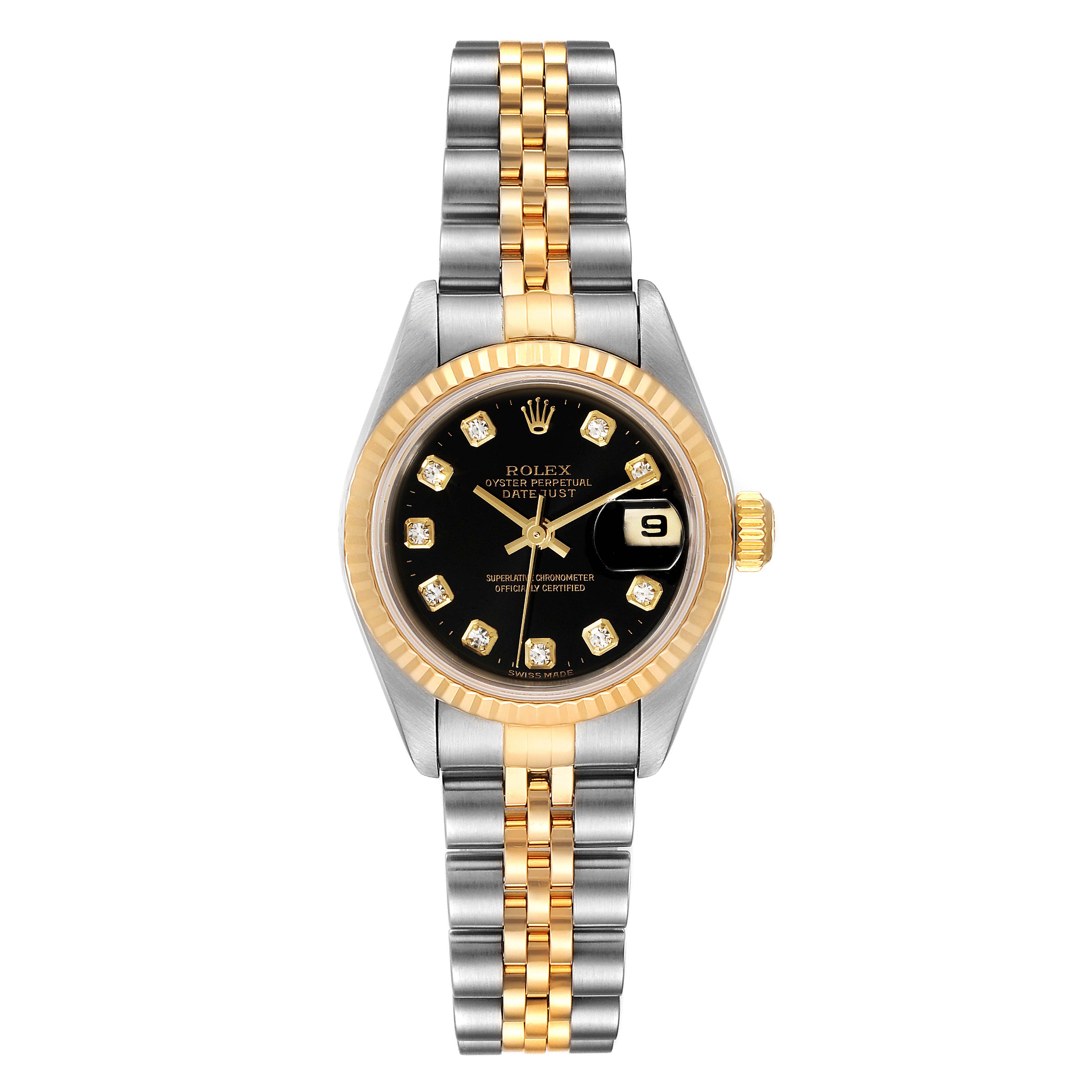 The image shows a front view of a Rolex Datejust 79173 Women
s Steel and Gold (two tone) Black Dial 79173 Women
s Steel and Gold (two tone) Black Dial watch, displaying its black dial, date window, and two-tone bracelet.