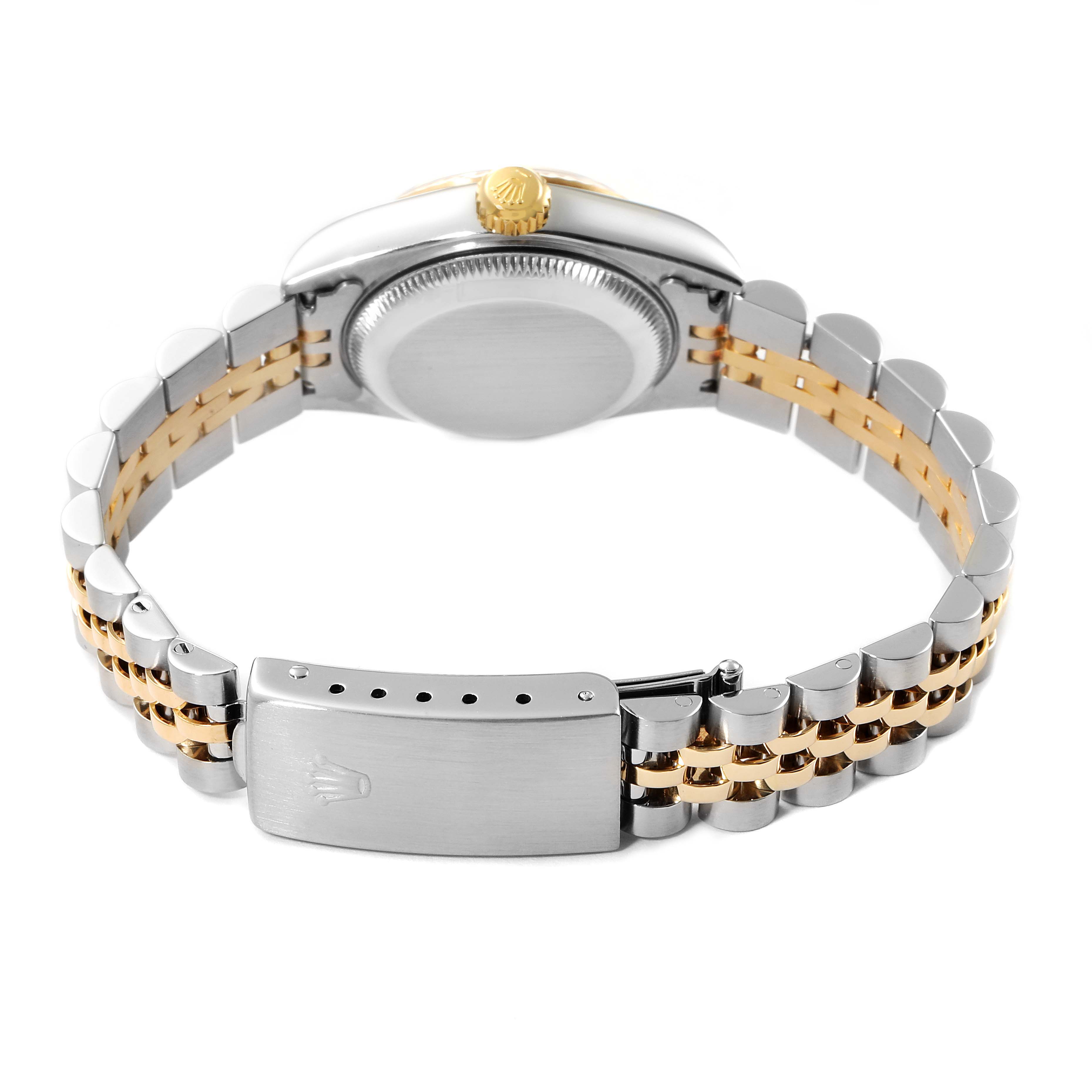 This image shows the back of a Rolex Datejust 79173 Women
s Steel and Gold (two tone) Black Dial 79173 Women
s Steel and Gold (two tone) Black Dial watch, highlighting the case back, crown, and two-tone bracelet with clasp.