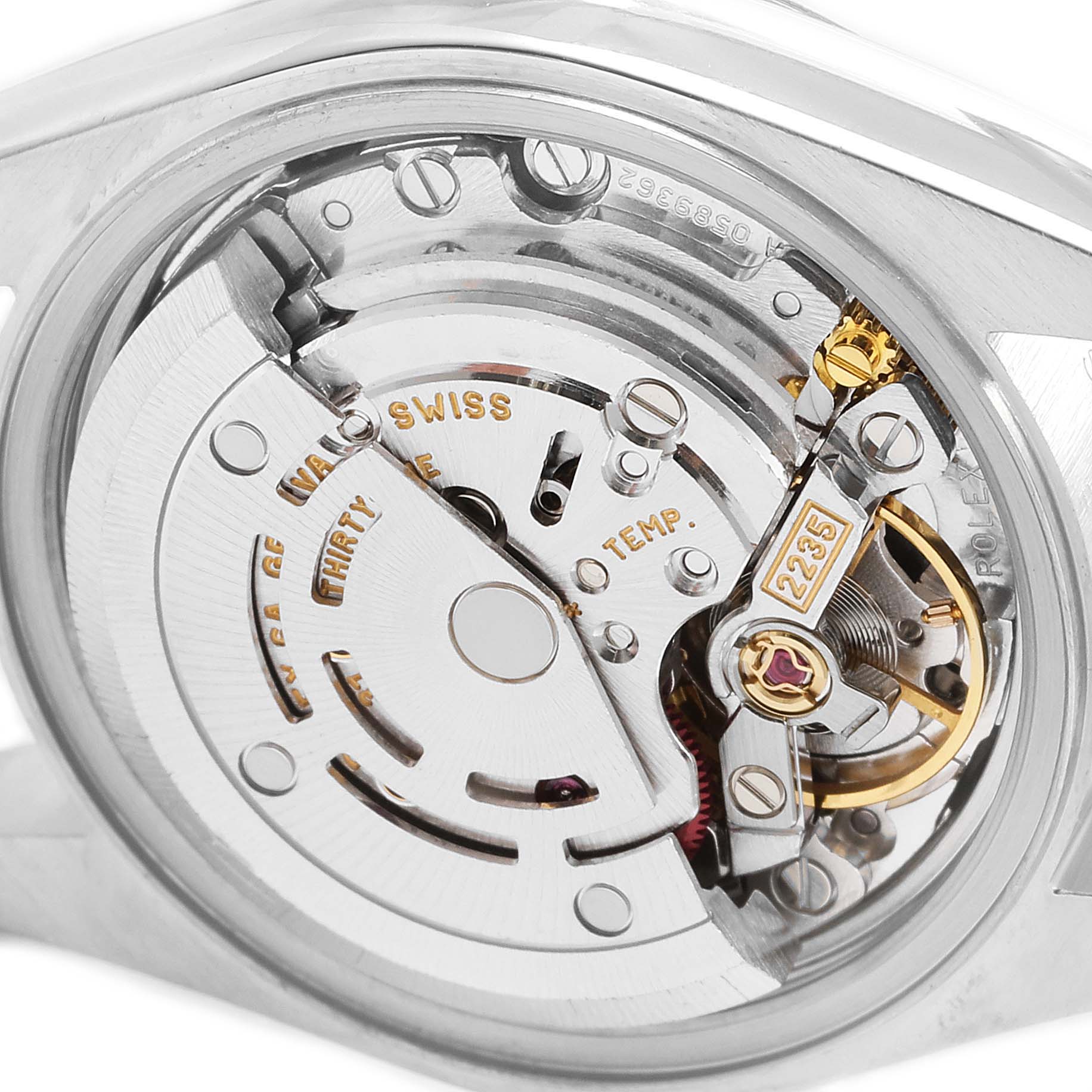 This image shows the internal mechanism of a Rolex Datejust 79173 Women
s Steel and Gold (two tone) Black Dial 79173 Women
s Steel and Gold (two tone) Black Dial watch, viewed from the back.