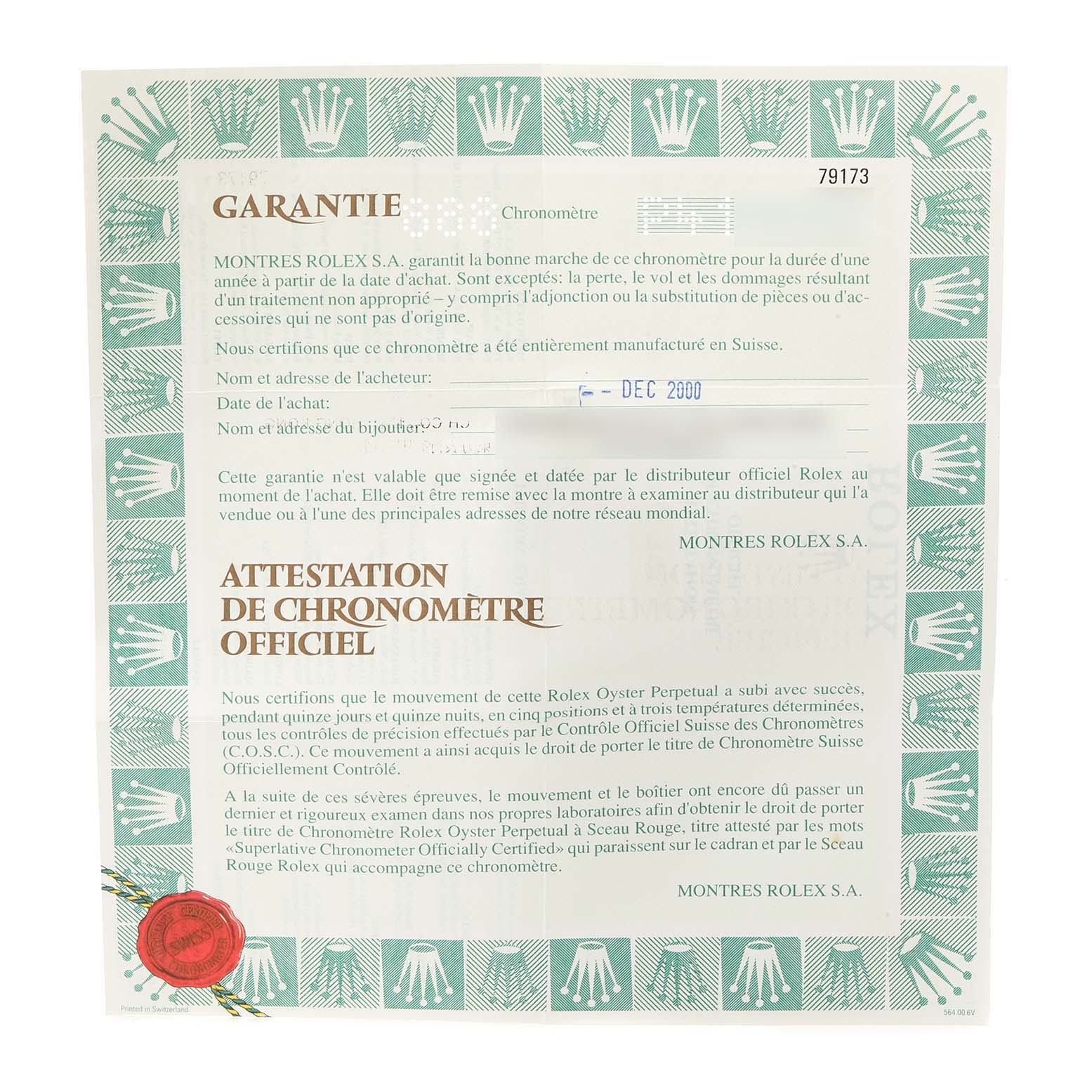 This is a warranty certificate for a Rolex Datejust 79173 Women
s Steel and Gold (two tone) Black Dial 79173 Women
s Steel and Gold (two tone) Black Dial model, featuring green borders with Rolex logos and text in French.