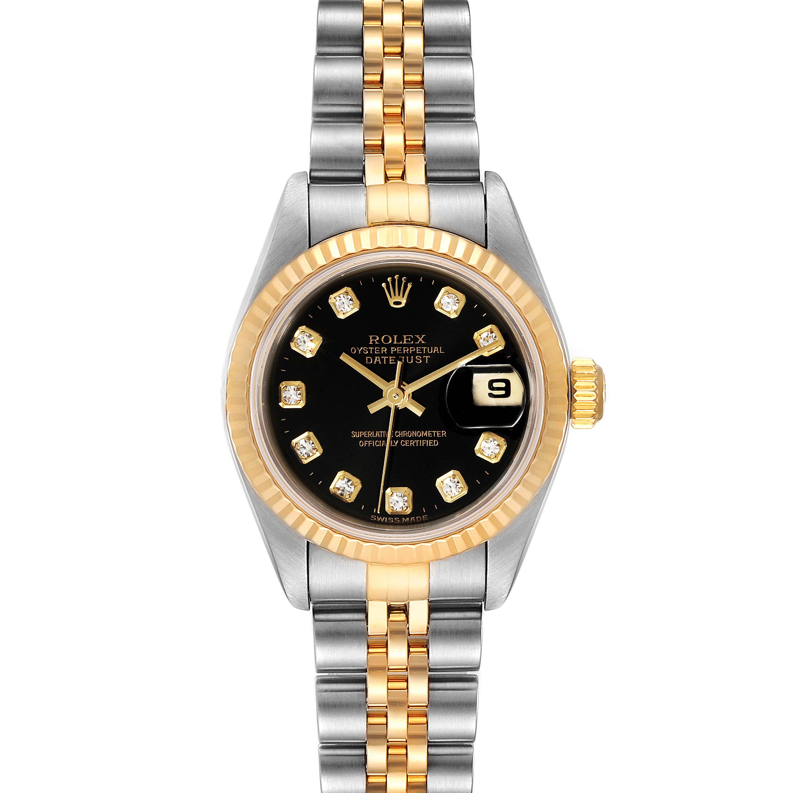 This is a front view of a Rolex Datejust 79173 Women
s Steel and Gold (two tone) Black Dial 79173 Women
s Steel and Gold (two tone) Black Dial watch showcasing its black dial, gold details, fluted bezel, and two-tone bracelet.