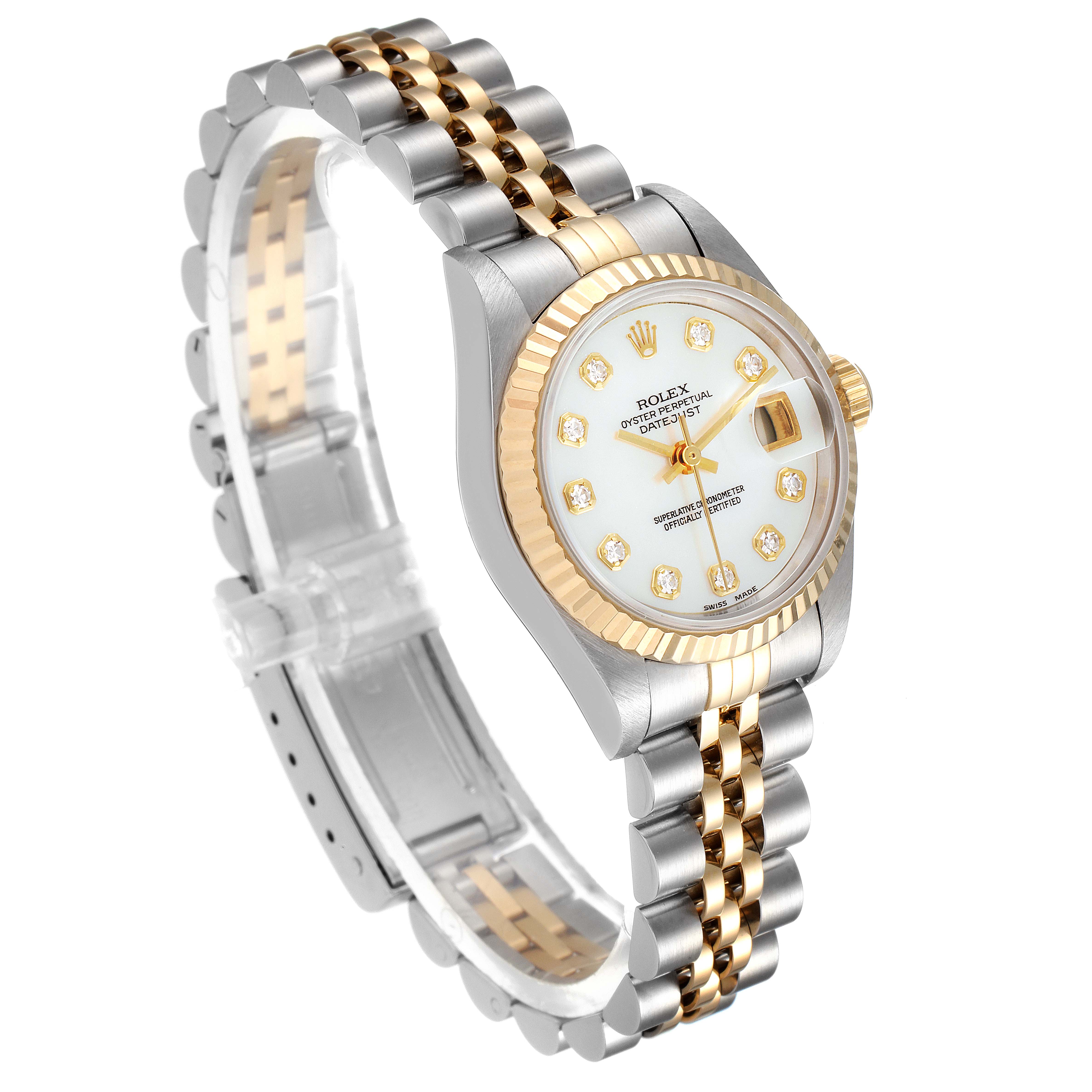 The Rolex Datejust 69173 Women
s Steel and Gold (two tone) Mother of Pearl Dial 69173 Women
s Steel and Gold (two tone) Mother of Pearl Dial model is shown from a three-quarter angle, highlighting its two-tone bracelet, fluted bezel, and diamond-studded dial.
