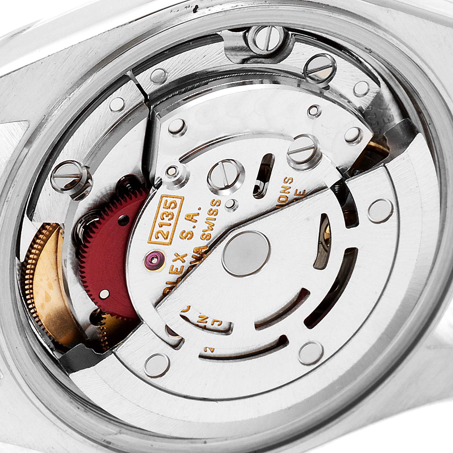 This image shows the internal mechanics and movement parts of a Rolex Datejust 69173 Women
s Steel and Gold (two tone) Mother of Pearl Dial 69173 Women
s Steel and Gold (two tone) Mother of Pearl Dial watch.