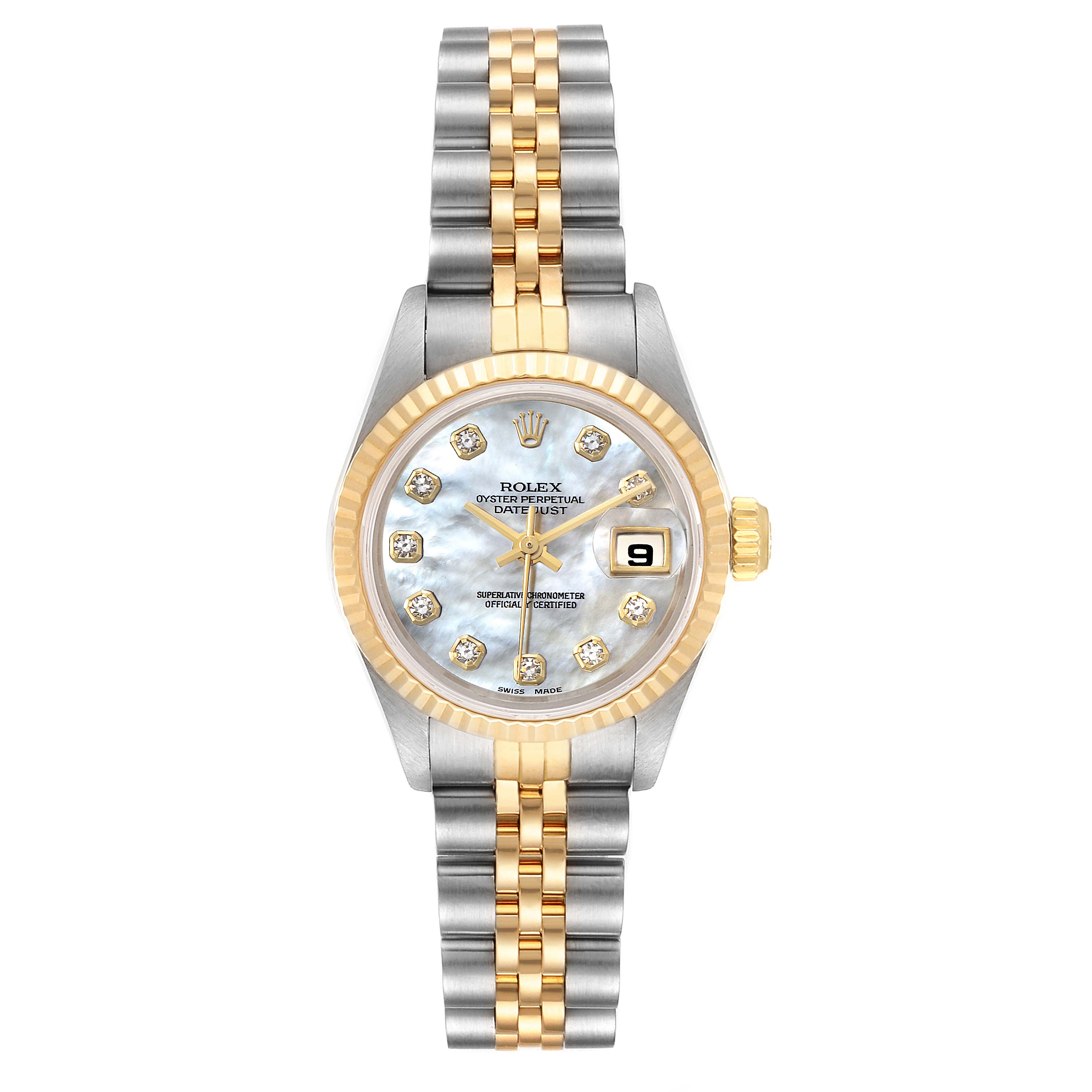 This image shows a front view of a Rolex Datejust 69173 Women
s Steel and Gold (two tone) Mother of Pearl Dial 69173 Women
s Steel and Gold (two tone) Mother of Pearl Dial watch, highlighting its dial, bezel, and two-tone bracelet.