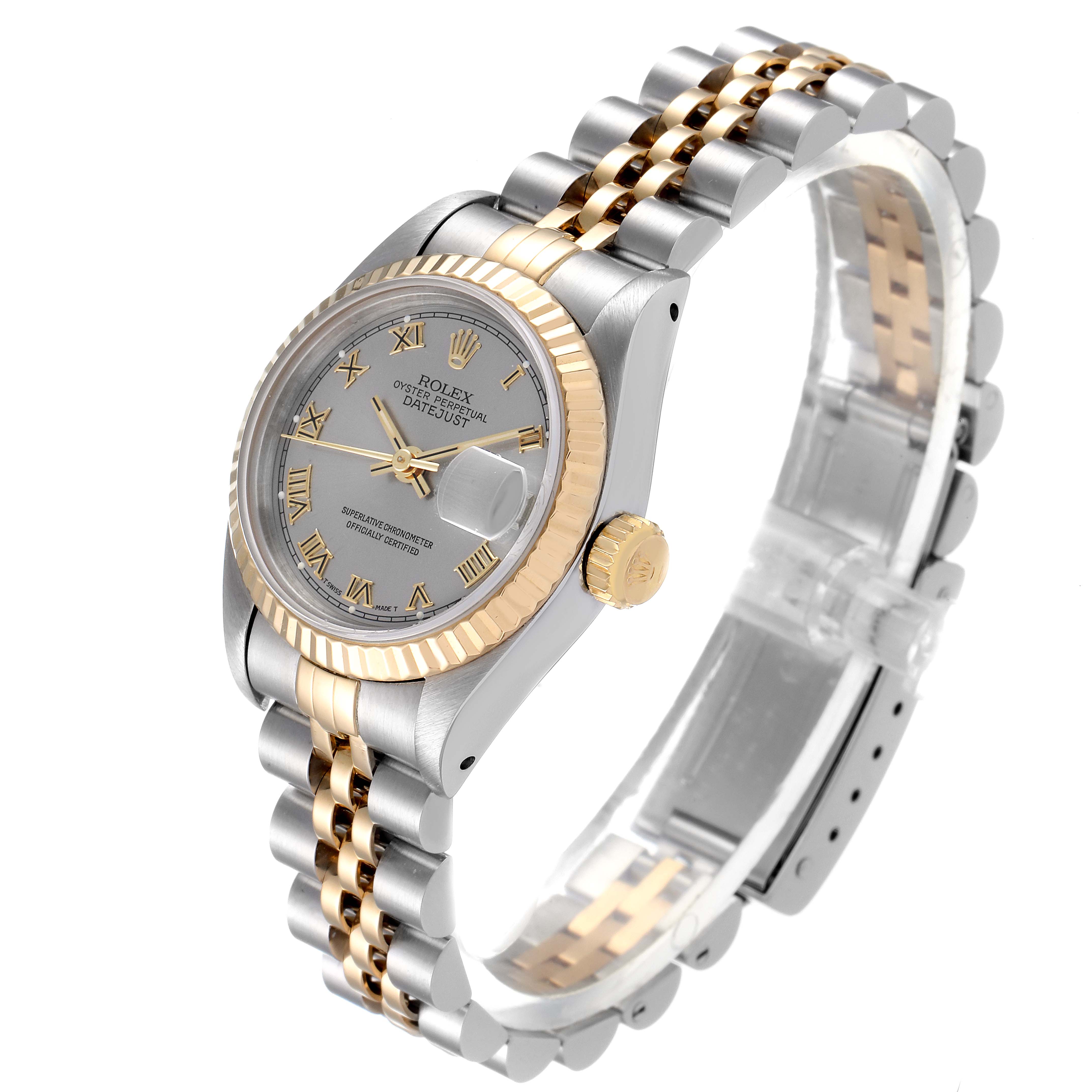 This Rolex Datejust 69173 Women
s Steel and Gold (two tone) Silver Dial 69173 Women
s Steel and Gold (two tone) Silver Dial model watch is shown from an angled side view, highlighting its bezel, face, and two-tone bracelet.