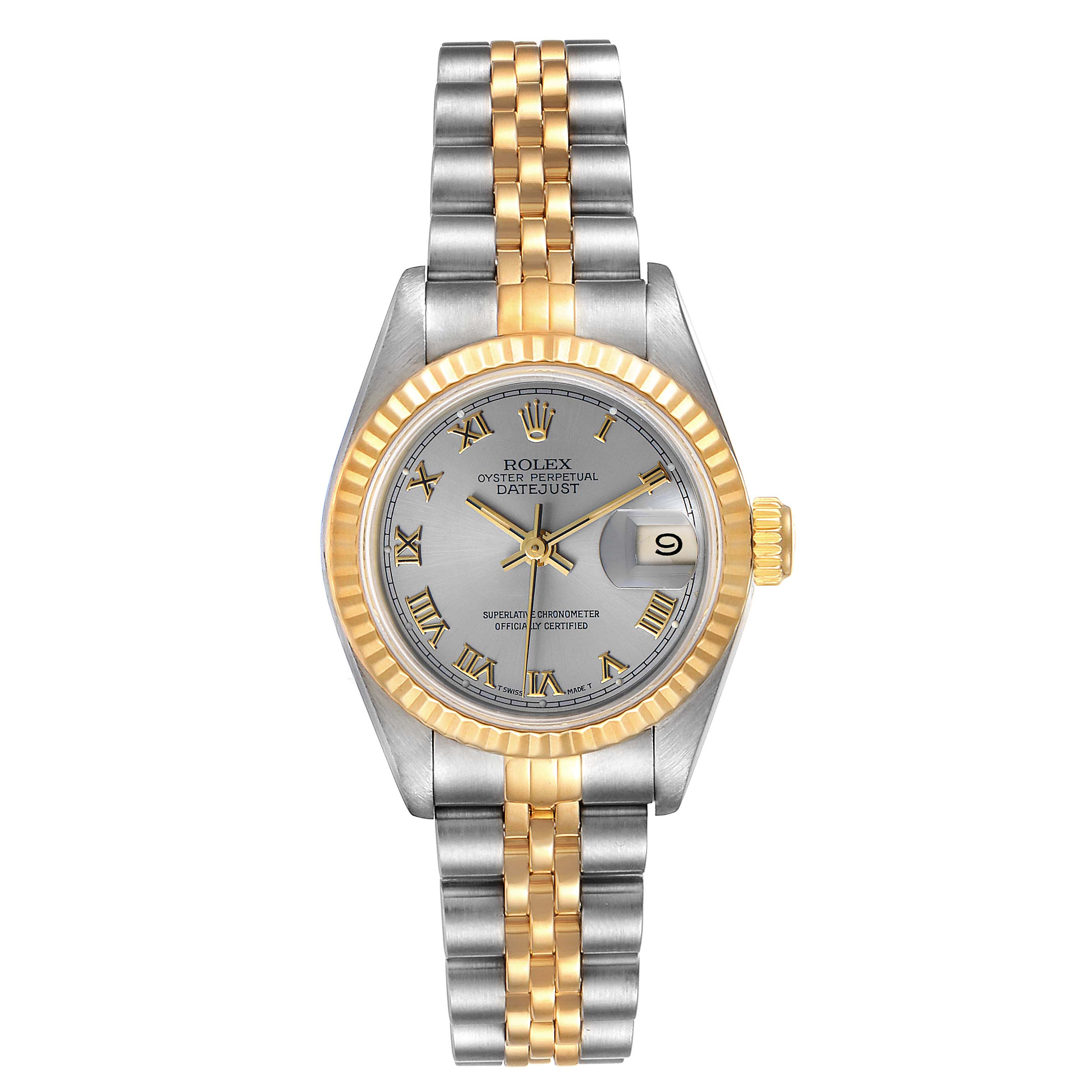 The Rolex Datejust 69173 Women
s Steel and Gold (two tone) Silver Dial 69173 Women
s Steel and Gold (two tone) Silver Dial watch is shown from a top-down angle, displaying the face, bezel, and bracelet.