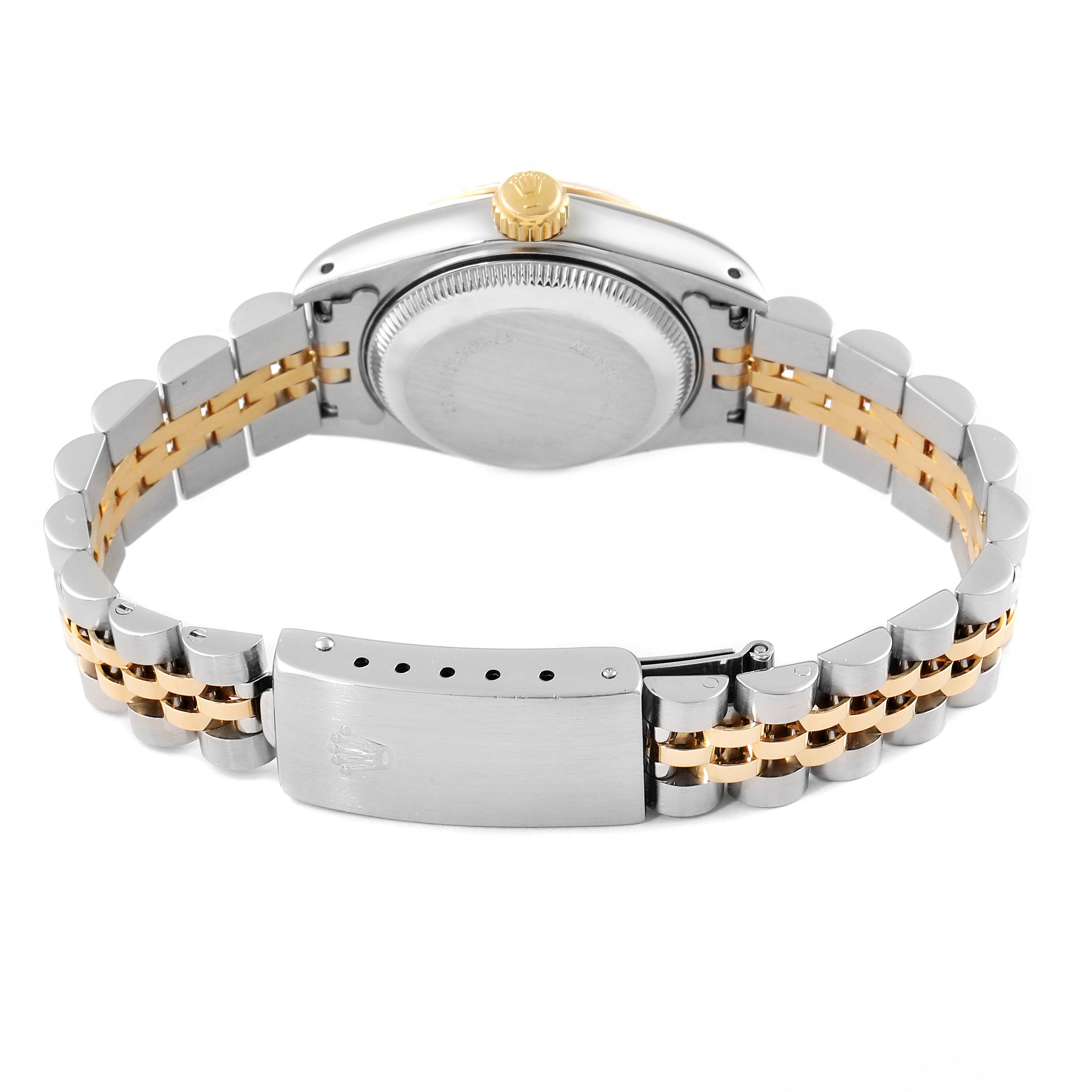 This image shows the back of a Rolex Datejust 69173 Women
s Steel and Gold (two tone) Silver Dial 69173 Women
s Steel and Gold (two tone) Silver Dial watch, featuring its case, crown, and two-tone bracelet with clasp.