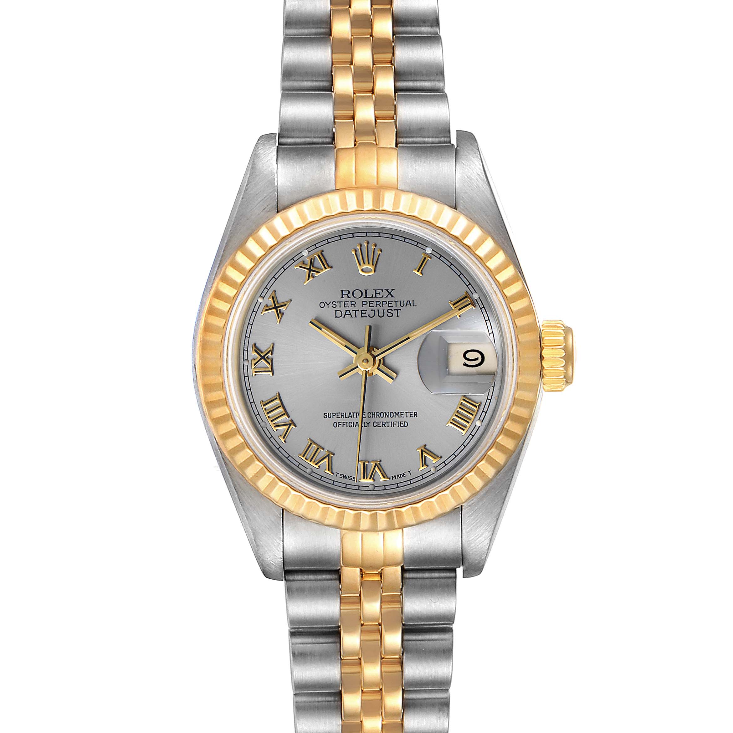 This is a front view of the Rolex Datejust 69173 Women
s Steel and Gold (two tone) Silver Dial 69173 Women
s Steel and Gold (two tone) Silver Dial watch, showcasing the dial, bezel, crown, and two-tone bracelet.
