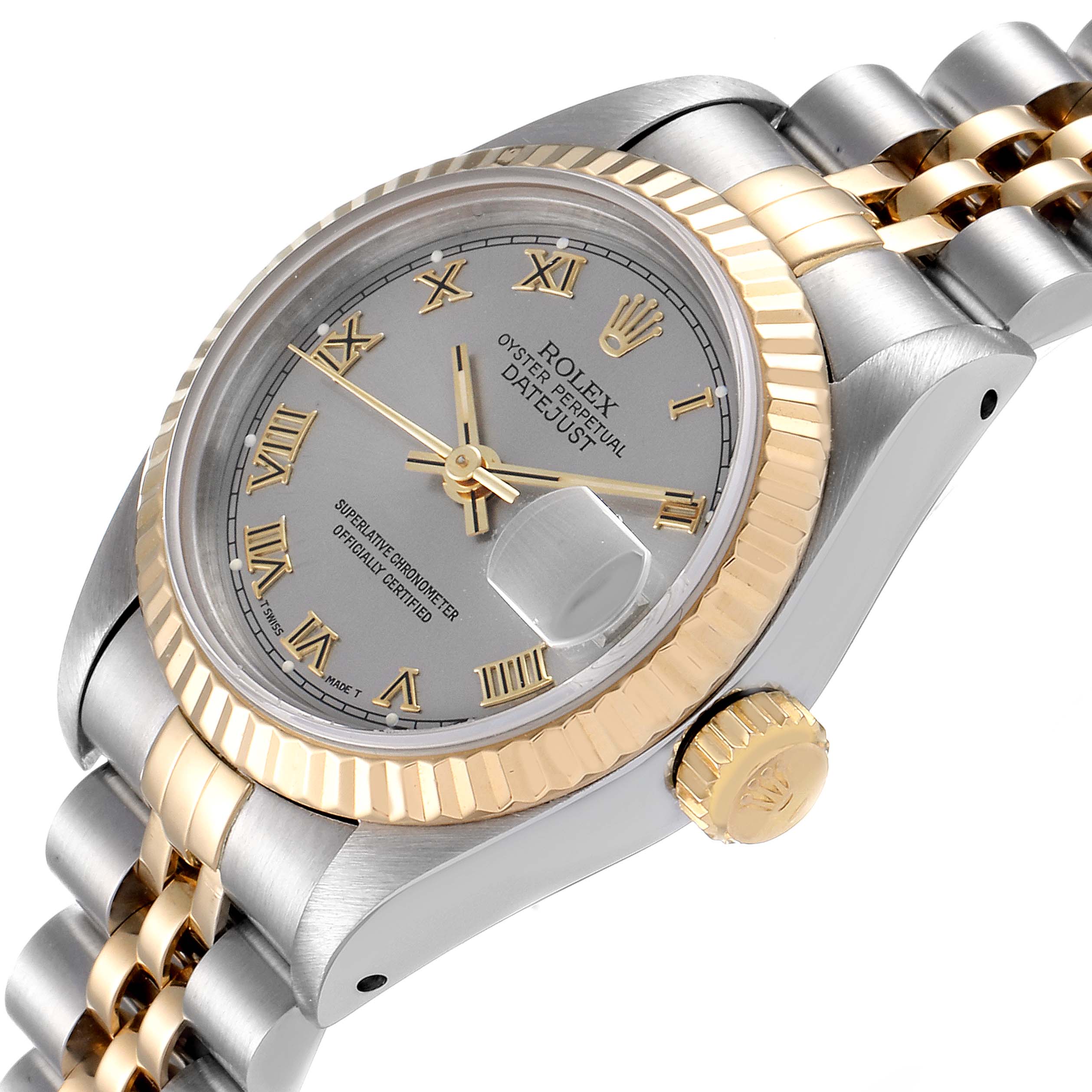 This image shows a close-up, angled view of a Rolex Datejust 69173 Women
s Steel and Gold (two tone) Silver Dial 69173 Women
s Steel and Gold (two tone) Silver Dial watch featuring the dial, bezel, crown, and part of the bracelet.
