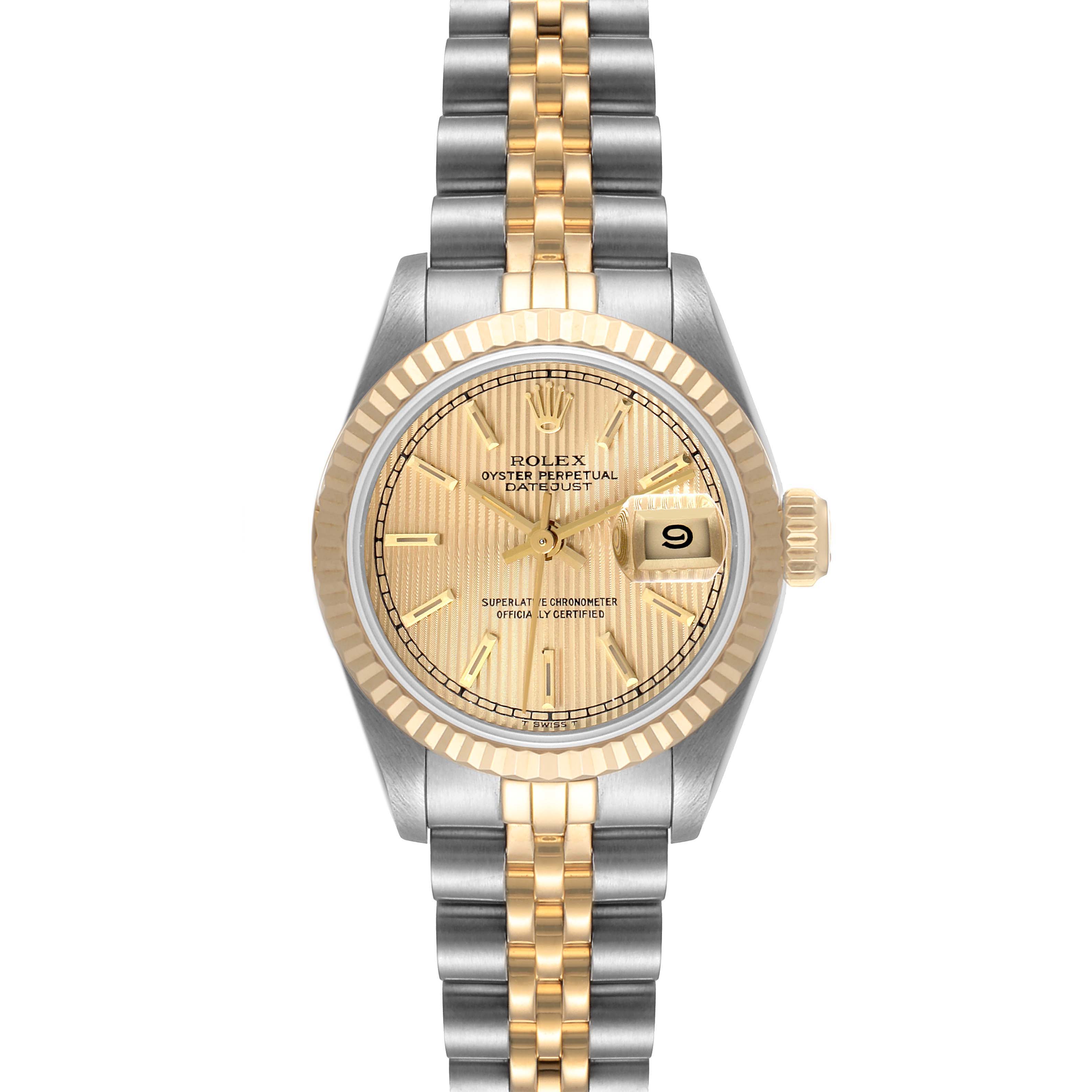This image shows a front view of a Rolex Datejust 69173 Women
s Steel and Gold (two tone) Champagne Dial 69173 Women
s Steel and Gold (two tone) Champagne Dial watch, highlighting its dial, bezel, crown, and two-tone bracelet.
