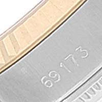 This image shows a close-up of the inner part of the Rolex Datejust 69173 Women
s Steel and Gold (two tone) Champagne Dial 69173 Women
s Steel and Gold (two tone) Champagne Dial watch bezel, displaying the model number "69173."