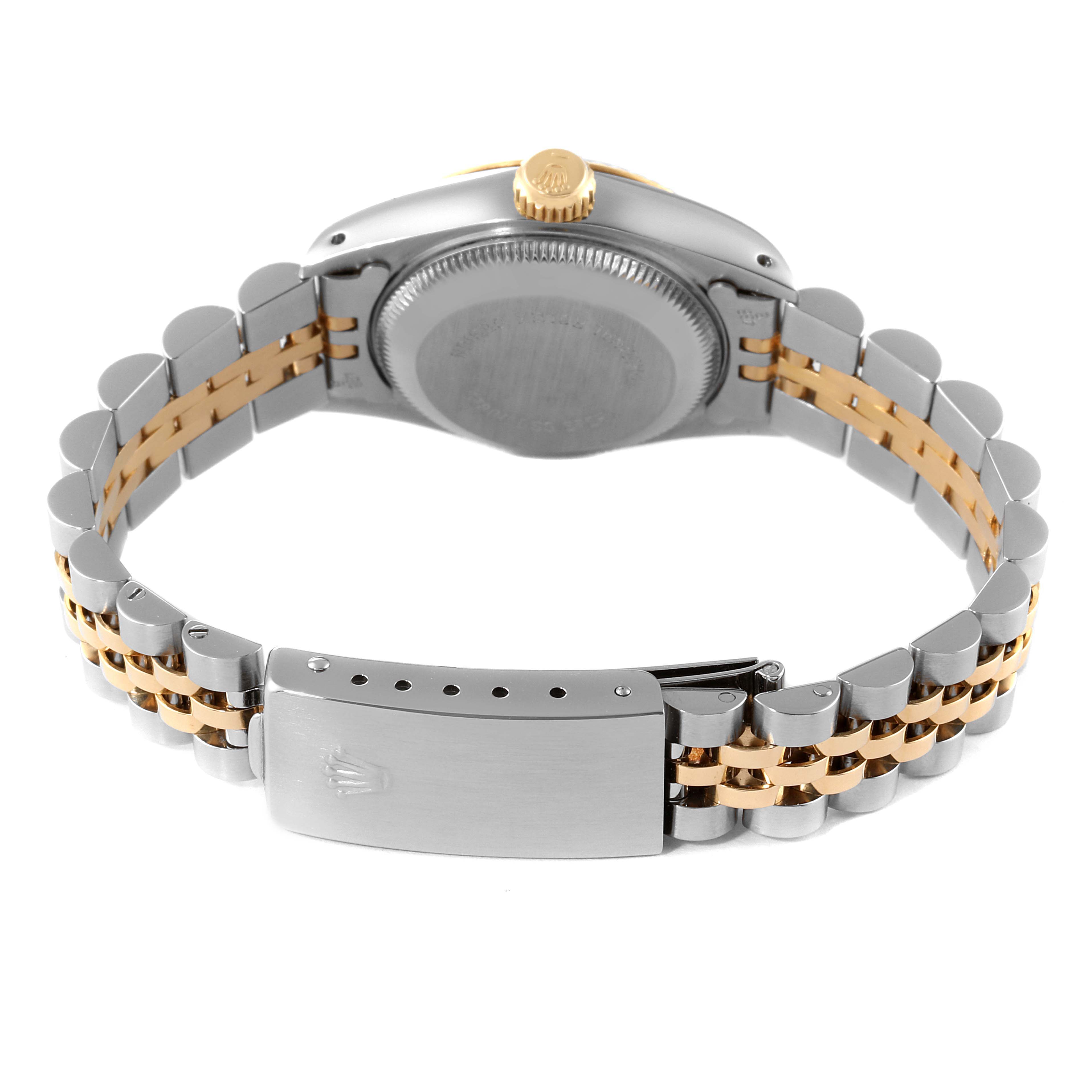 The image shows the back view of a Rolex Datejust 69173 Women
s Steel and Gold (two tone) Champagne Dial 69173 Women
s Steel and Gold (two tone) Champagne Dial watch, highlighting the bracelet, clasp, and case back.