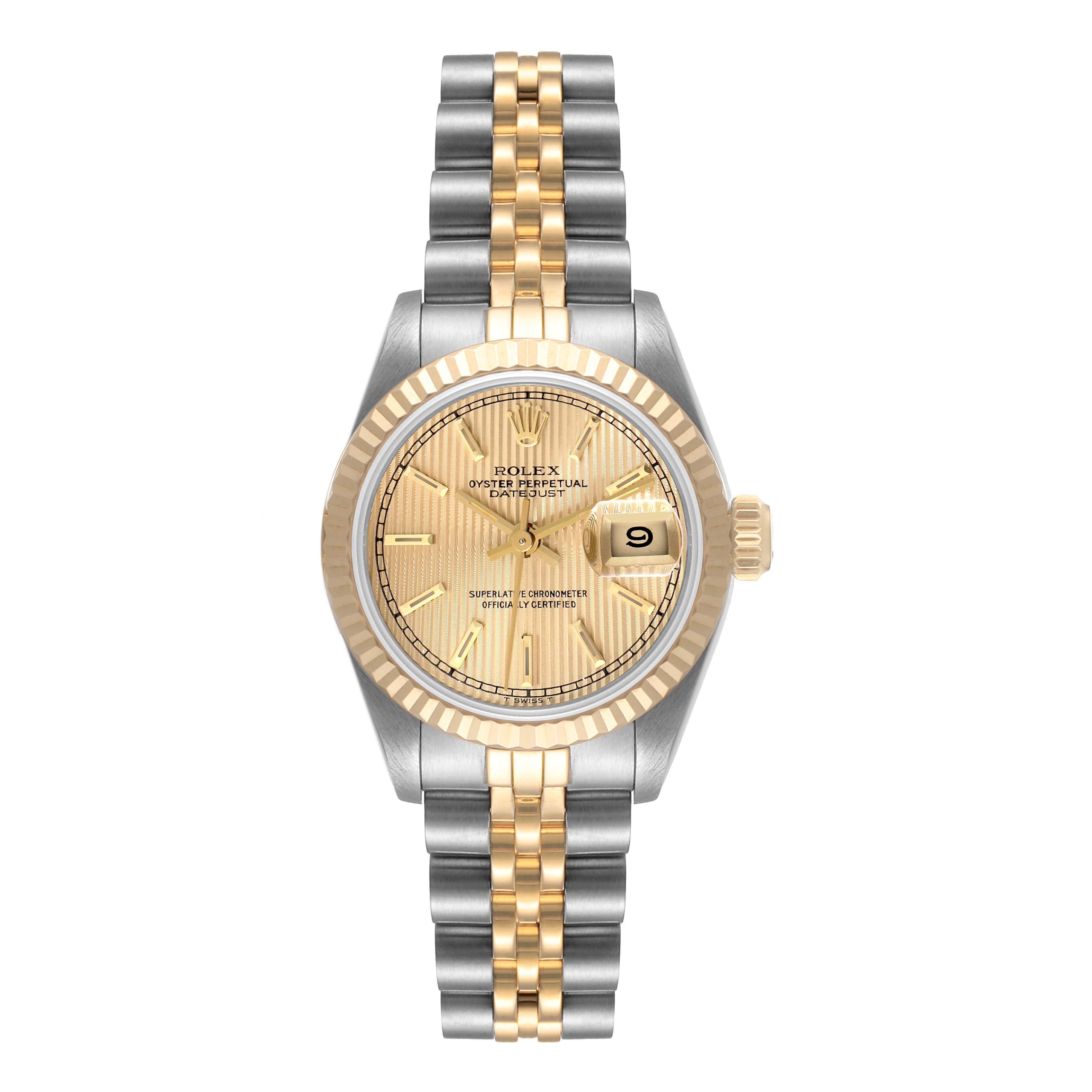 This image shows a frontal view of the Rolex Datejust 69173 Women
s Steel and Gold (two tone) Champagne Dial 69173 Women
s Steel and Gold (two tone) Champagne Dial watch, highlighting its dial, bezel, and dual-tone bracelet.