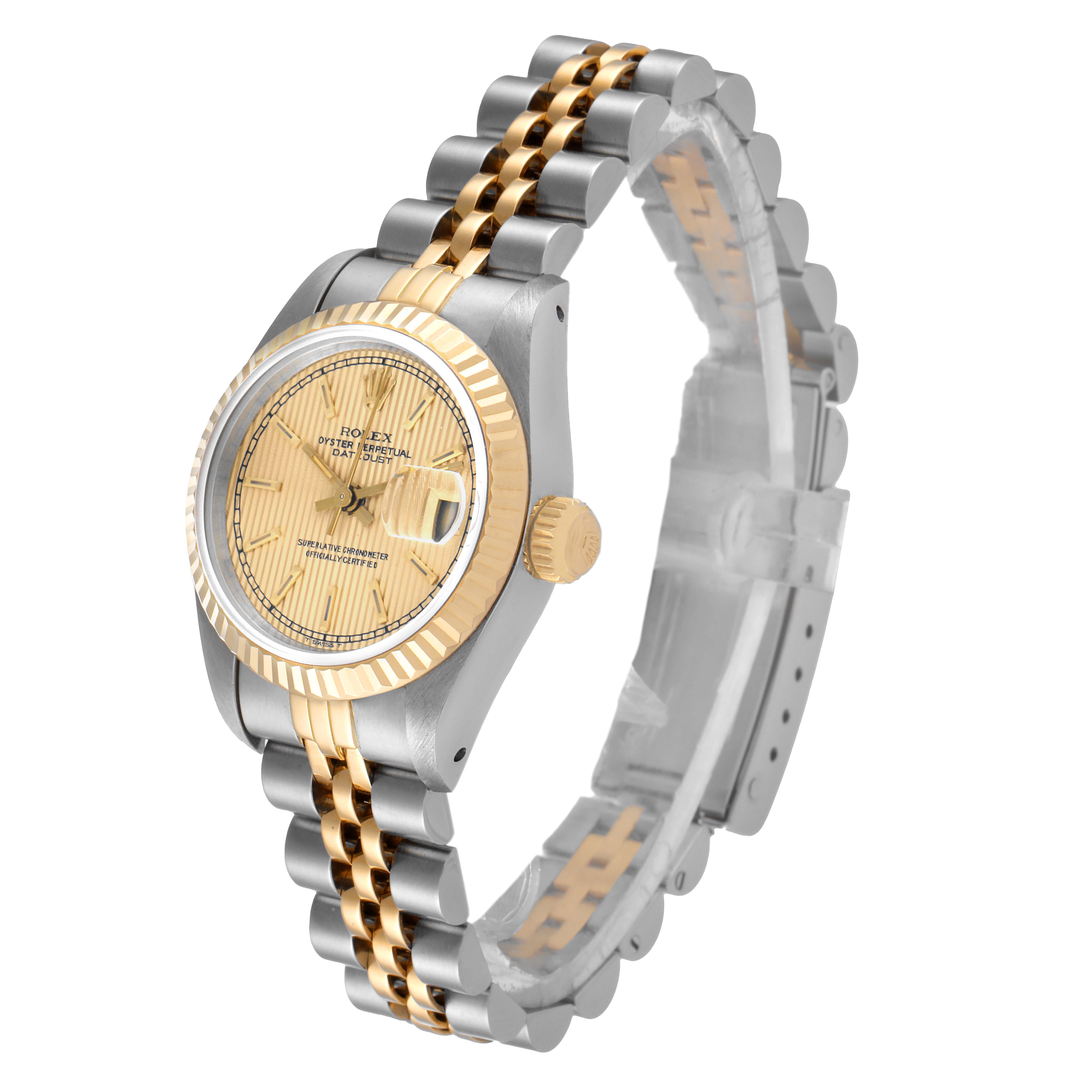 The image shows a Rolex Datejust 69173 Women
s Steel and Gold (two tone) Champagne Dial 69173 Women
s Steel and Gold (two tone) Champagne Dial watch at a 3/4 angle displaying the dial, bezel, crown, and part of the bracelet.