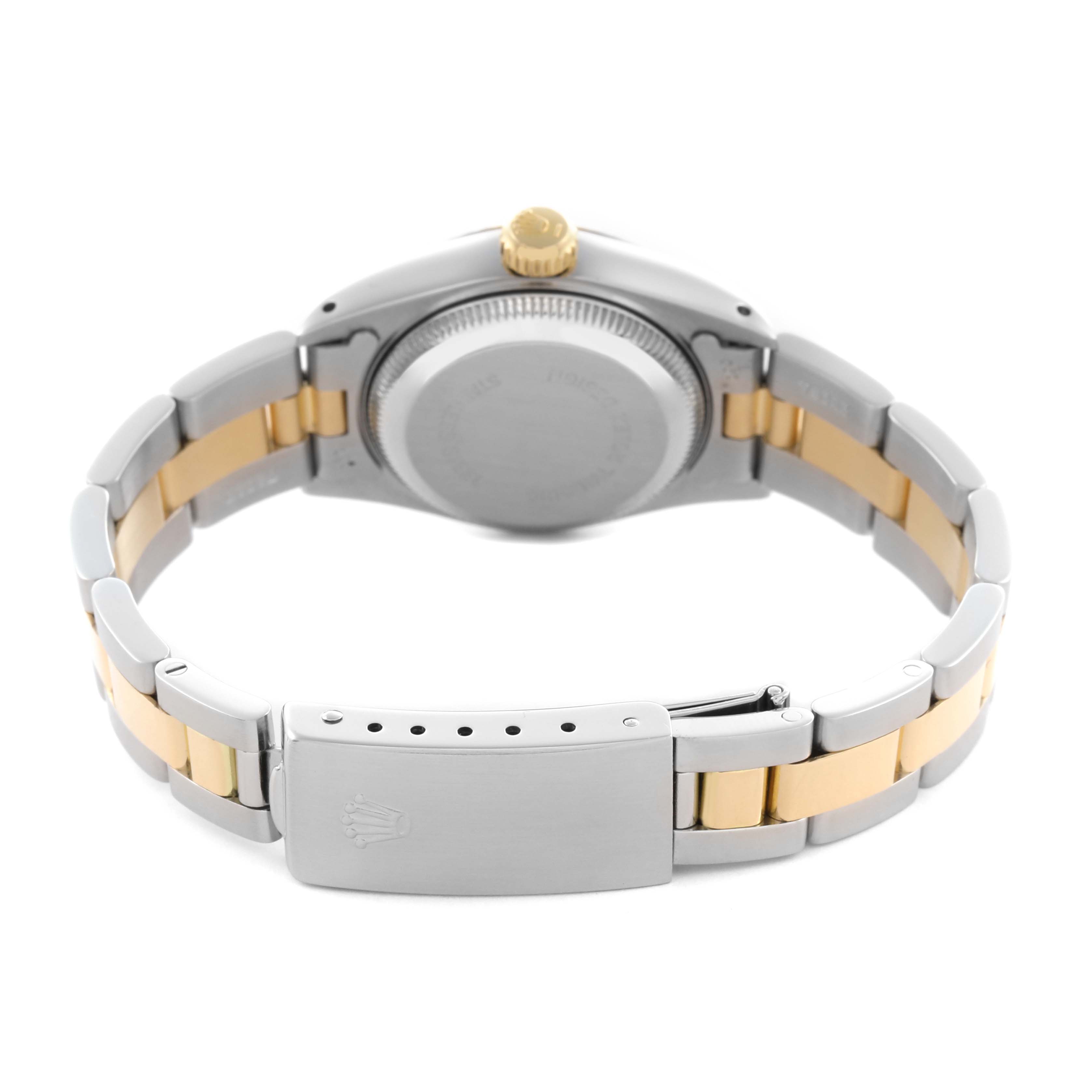 The image shows the back view of a Rolex Datejust 69173 Women's Steel and Gold (two tone) Blue Dial 69173 Women's Steel and Gold (two tone) Blue Dial watch, highlighting the bracelet and clasp.