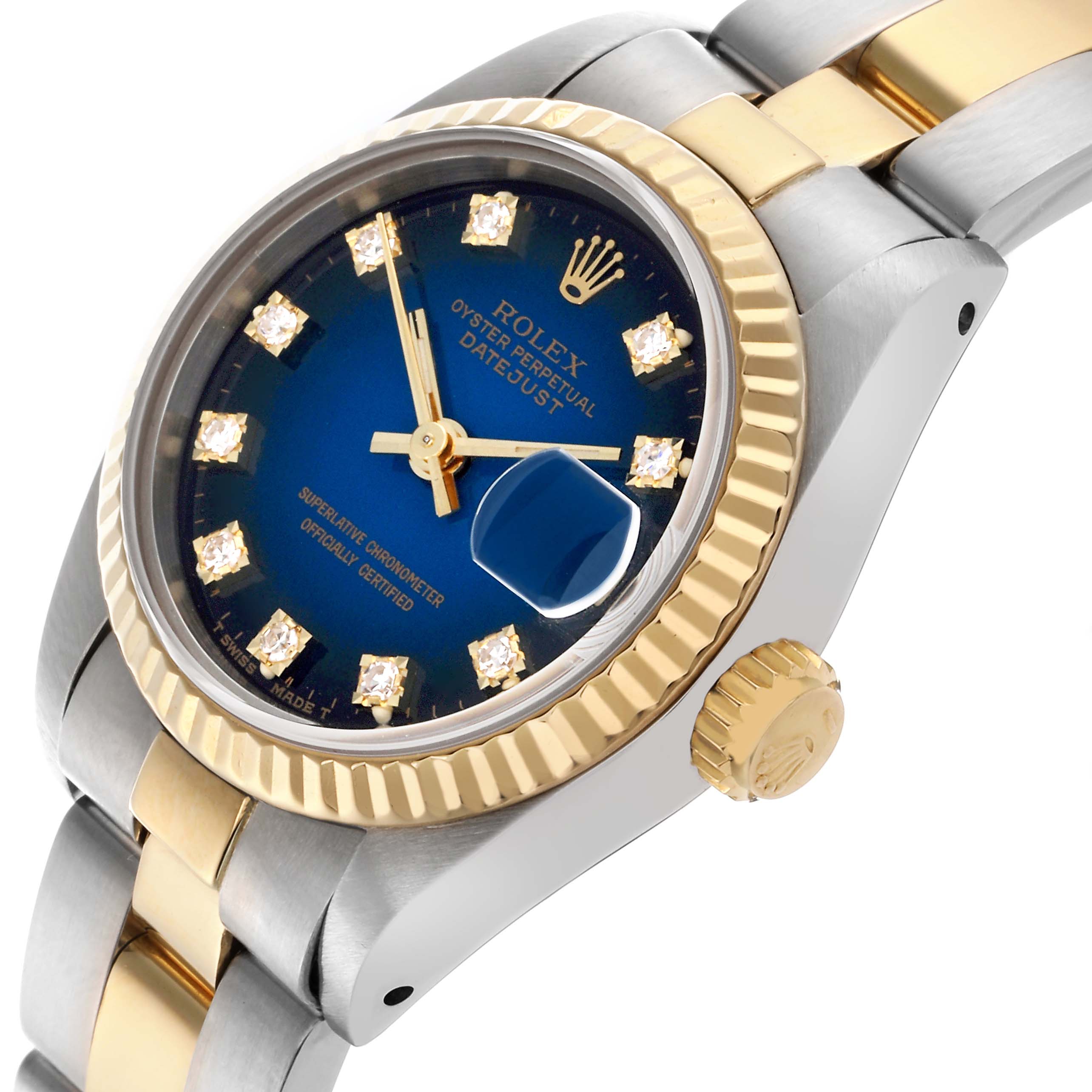 The Rolex Datejust 69173 Women's Steel and Gold (two tone) Blue Dial 69173 Women's Steel and Gold (two tone) Blue Dial watch is shown at an angle highlighting the face, bezel, crown, and part of the bracelet.