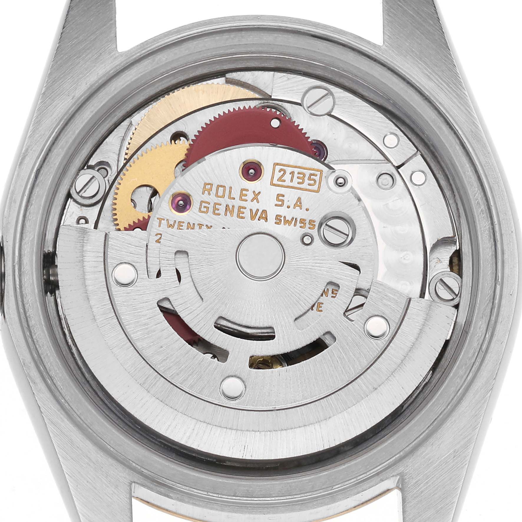 The image shows the back of a Rolex Datejust 69173 Women's Steel and Gold (two tone) Blue Dial 69173 Women's Steel and Gold (two tone) Blue Dial watch case, featuring its movement and internal components.