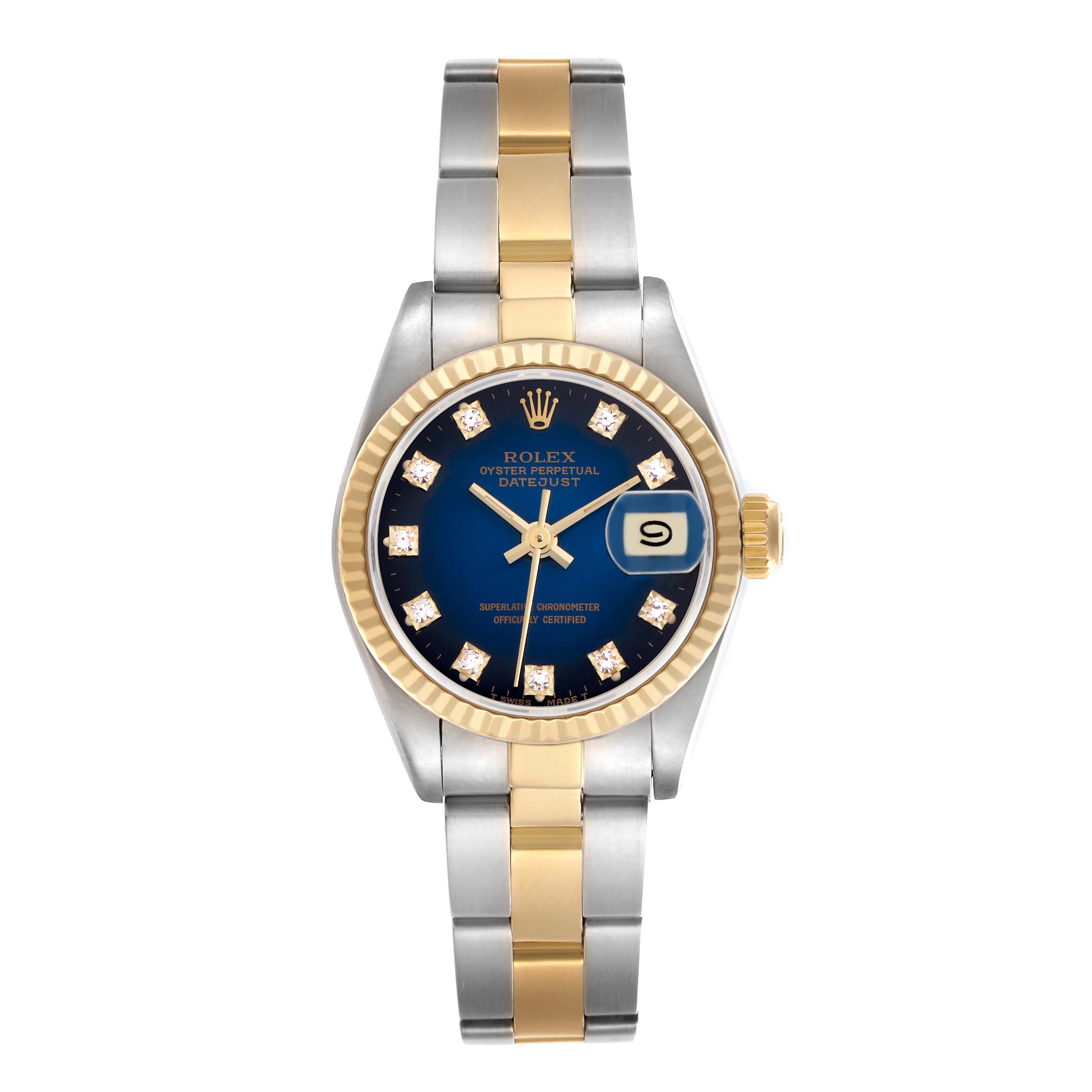 The Rolex Datejust 69173 Women's Steel and Gold (two tone) Blue Dial 69173 Women's Steel and Gold (two tone) Blue Dial watch is shown from a top-down angle, highlighting its two-tone bracelet, blue dial, and fluted bezel.
