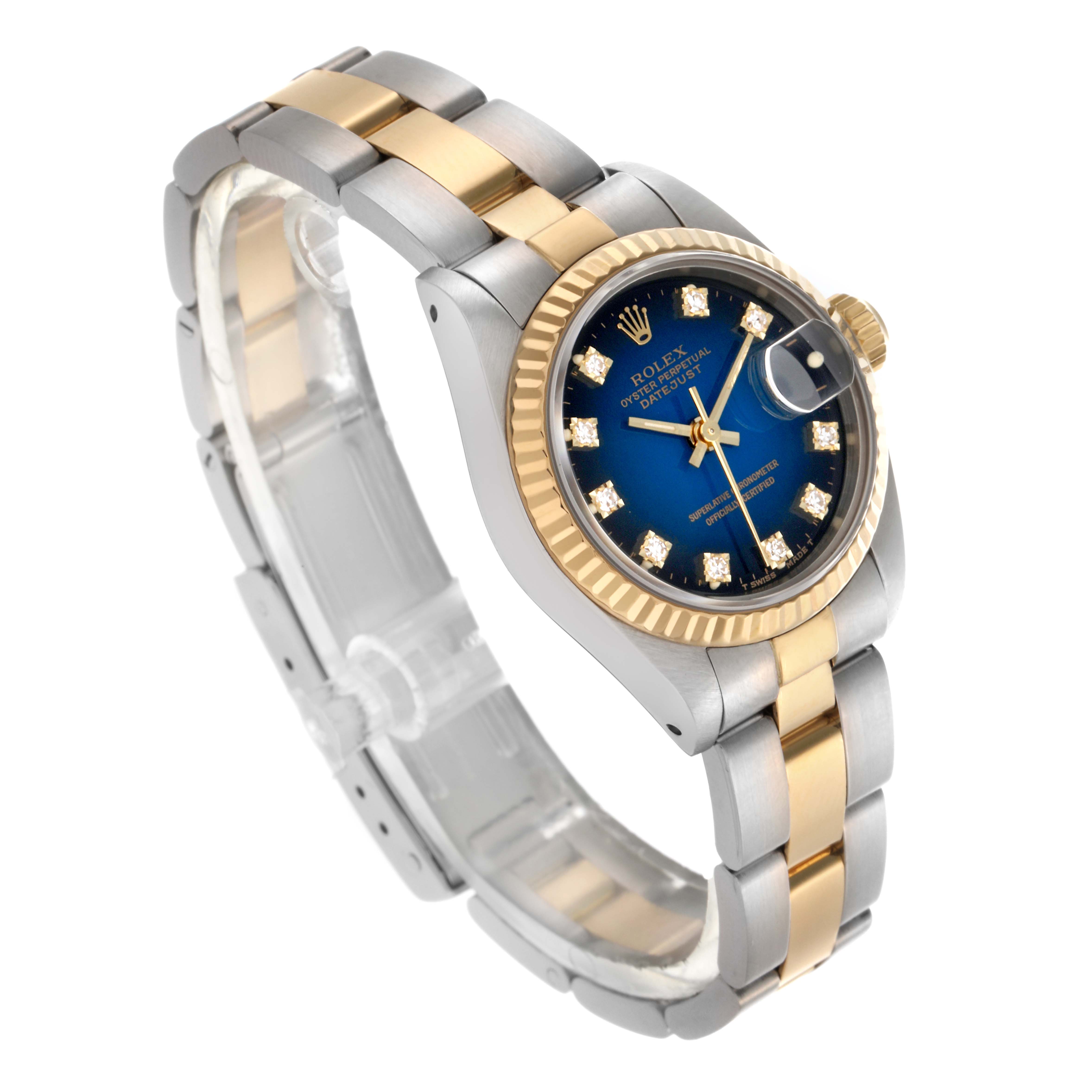 The Rolex Datejust 69173 Women's Steel and Gold (two tone) Blue Dial 69173 Women's Steel and Gold (two tone) Blue Dial watch is shown at a three-quarter angle, highlighting its two-tone bracelet, blue dial, and fluted bezel.