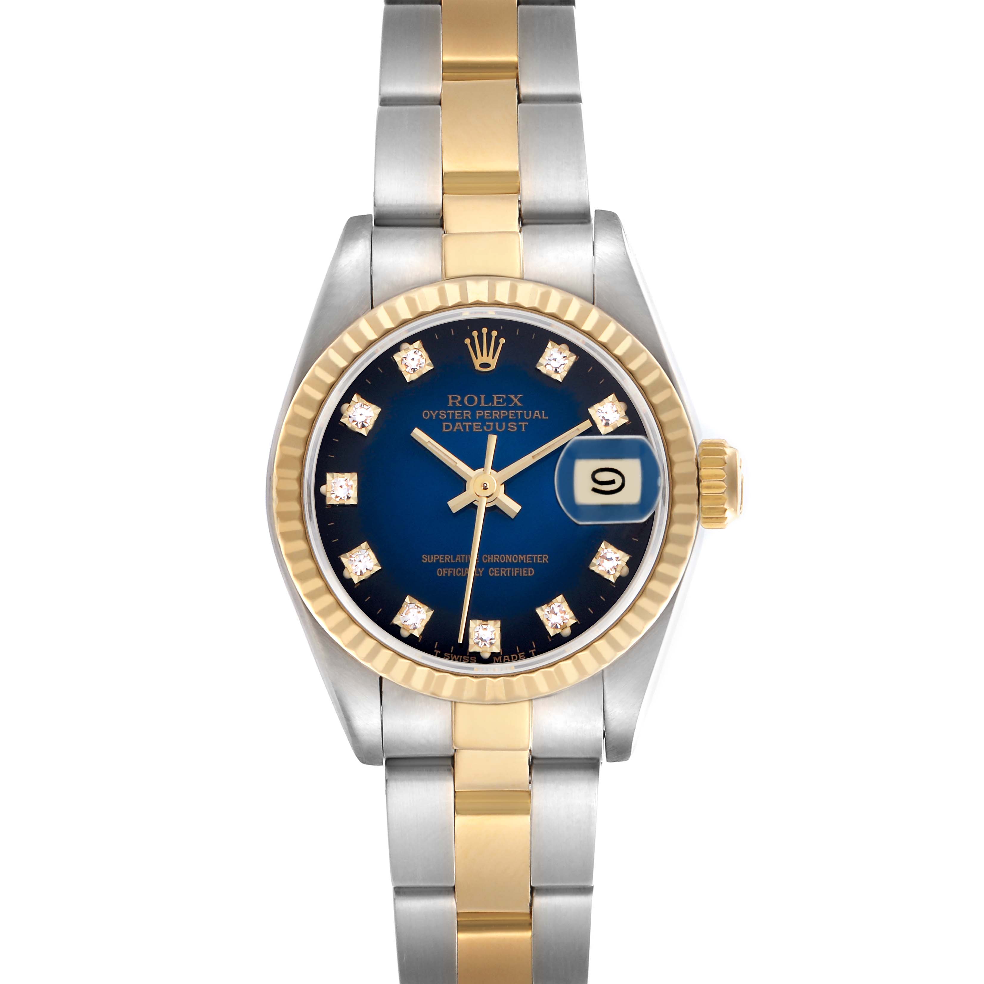 The Rolex Datejust 69173 Women's Steel and Gold (two tone) Blue Dial 69173 Women's Steel and Gold (two tone) Blue Dial watch is shown from a top-down angle, displaying the dial, bezel, and two-tone bracelet.