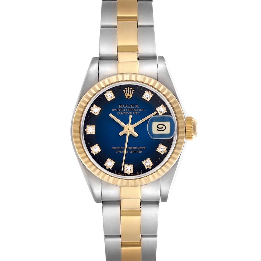 The Rolex Datejust watch is shown from a top-down angle, displaying the dial, bezel, and two-tone bracelet.