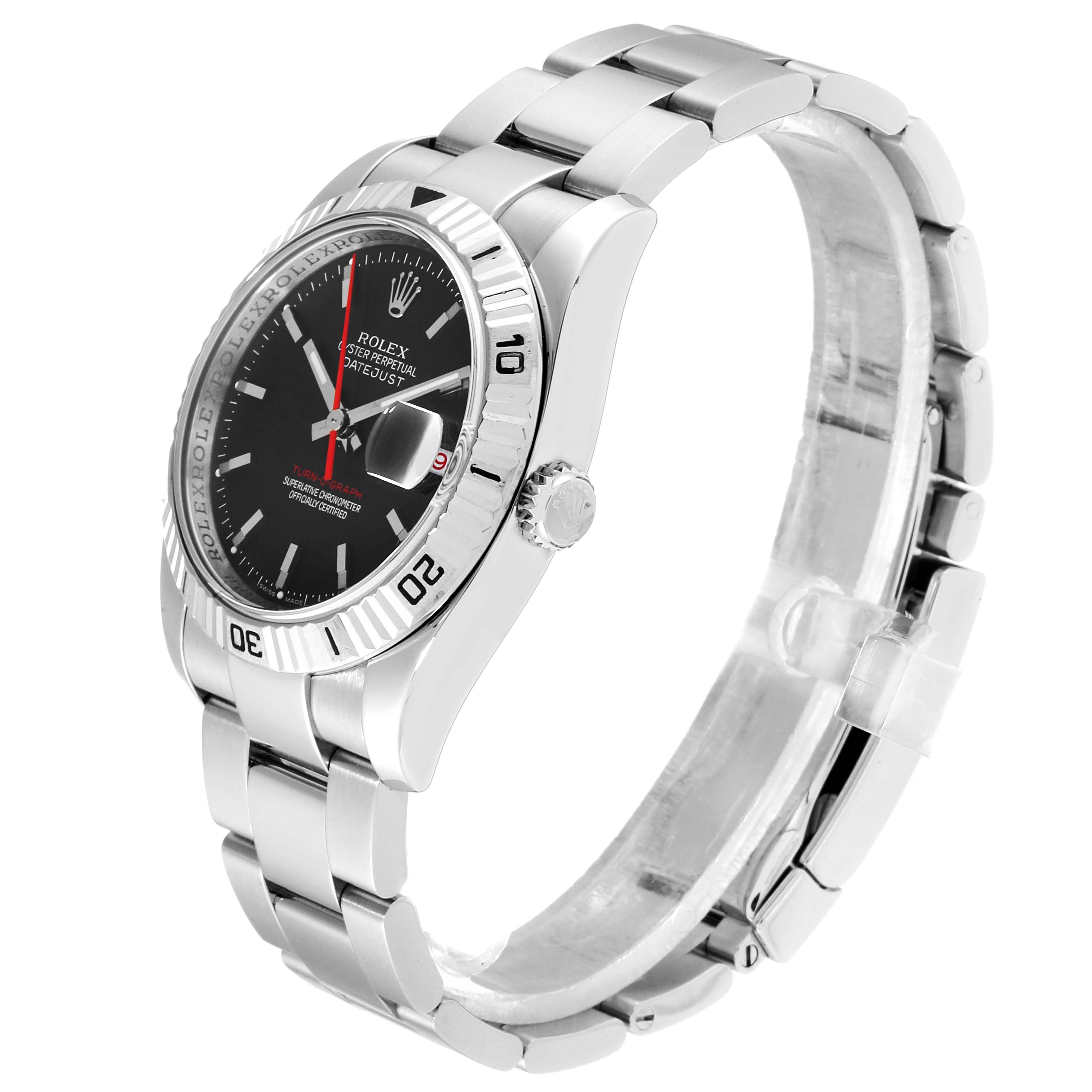 The image shows a Rolex Turn-o-Graph 116264 Men's Stainless Steel Black Dial 116264 Men's Stainless Steel Black Dial watch from a side angle, highlighting the bezel, dial, bracelet, and crown.