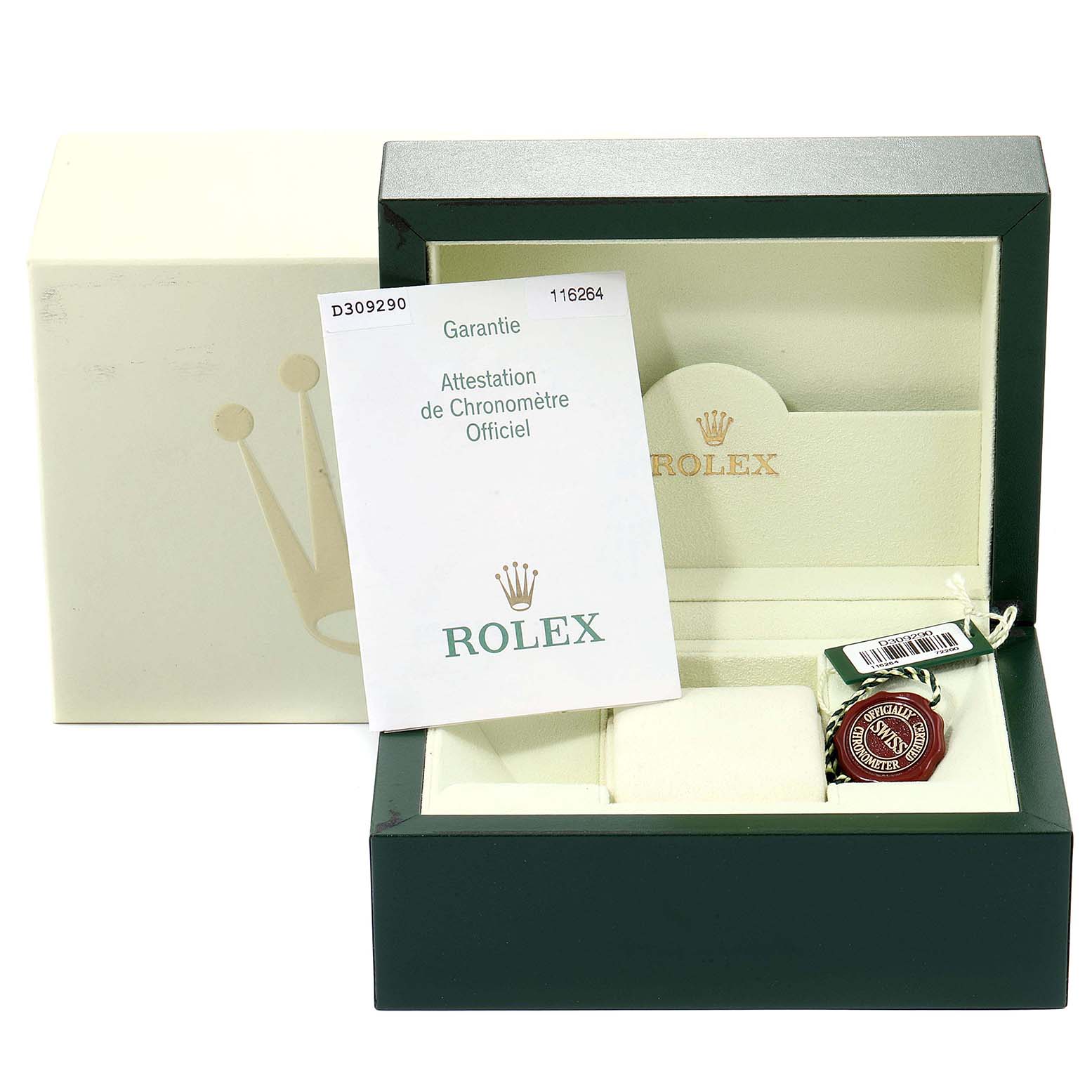 The image shows the packaging, warranty card, and accessories for a Rolex Turn-o-Graph 116264 Men's Stainless Steel Black Dial 116264 Men's Stainless Steel Black Dial watch.