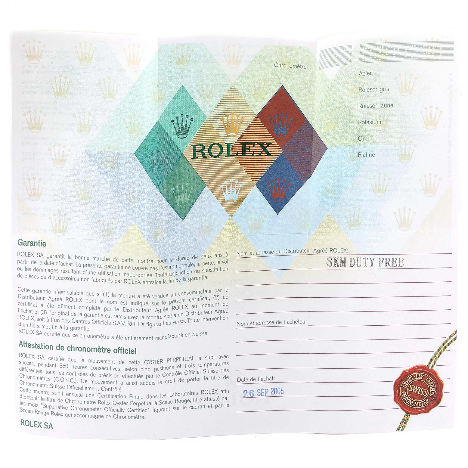 The image shows the warranty certificate for the Rolex Turn-o-Graph 116264 Men's Stainless Steel Black Dial 116264 Men's Stainless Steel Black Dial model with purchase details and official seals.
