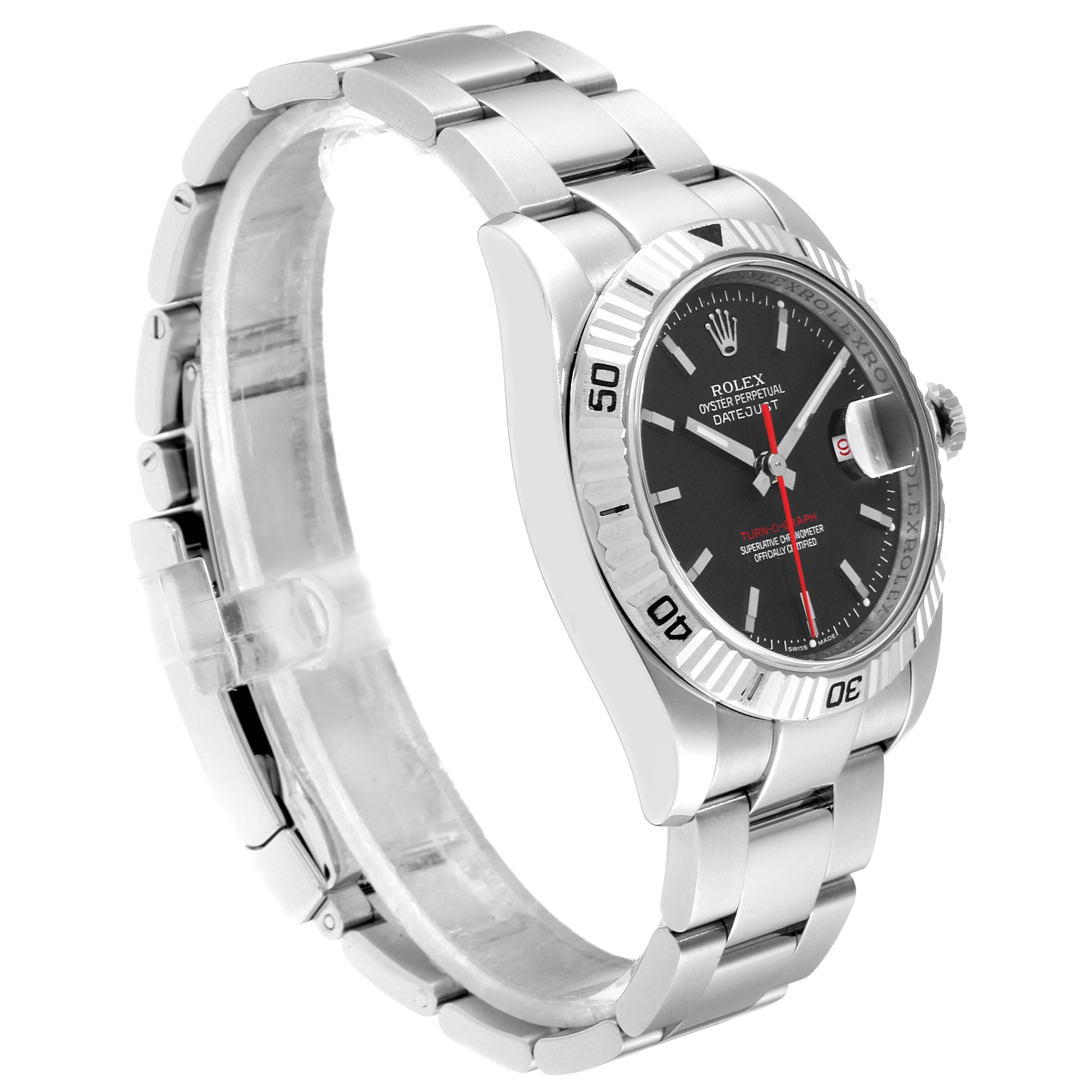 The Rolex Turn-o-Graph 116264 Men's Stainless Steel Black Dial 116264 Men's Stainless Steel Black Dial watch is shown at a three-quarter angle, displaying the face, bezel, crown, and part of the bracelet.