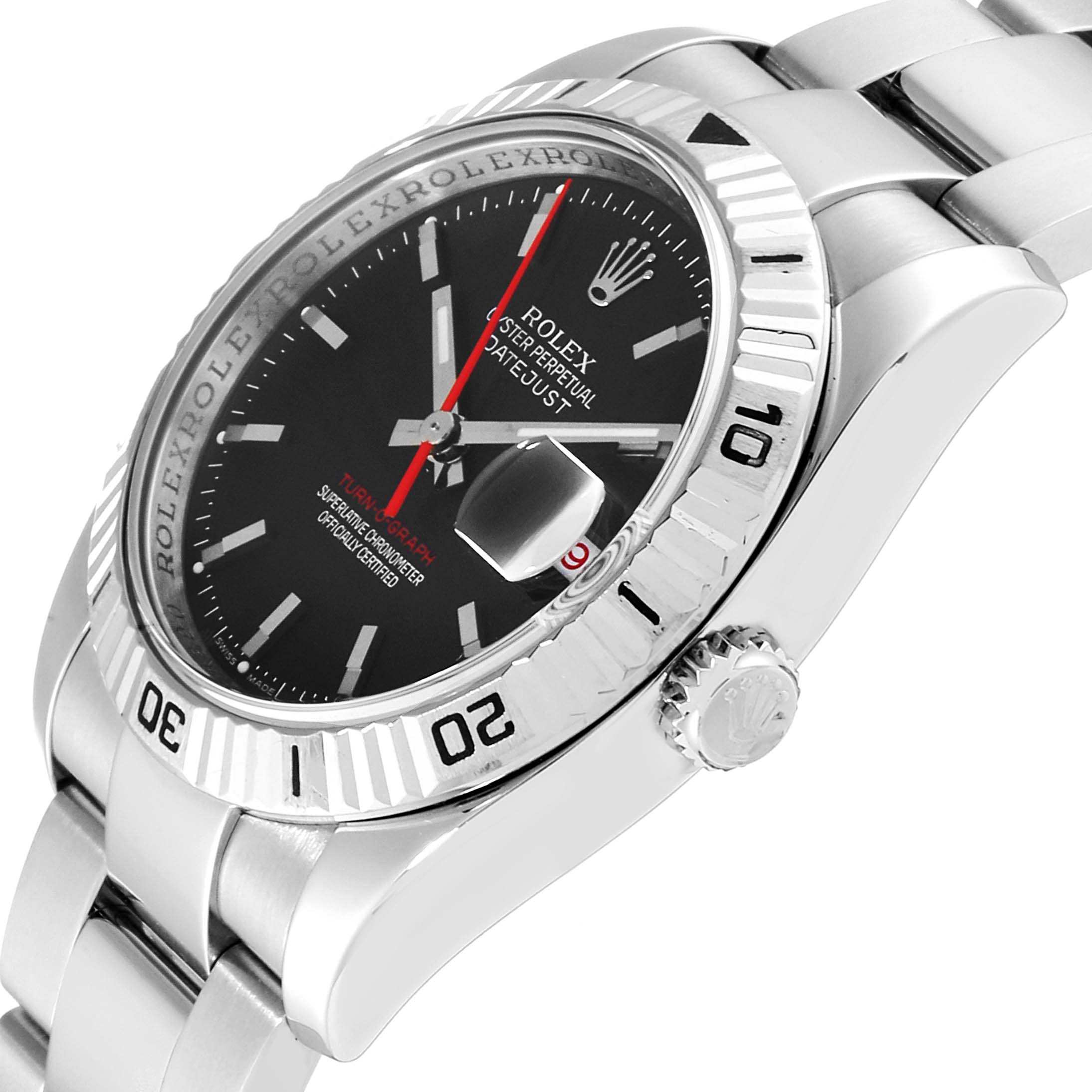 The image shows a close-up angled view of a Rolex Turn-o-Graph 116264 Men's Stainless Steel Black Dial 116264 Men's Stainless Steel Black Dial watch, featuring the face, bezel, crown, and part of the bracelet.