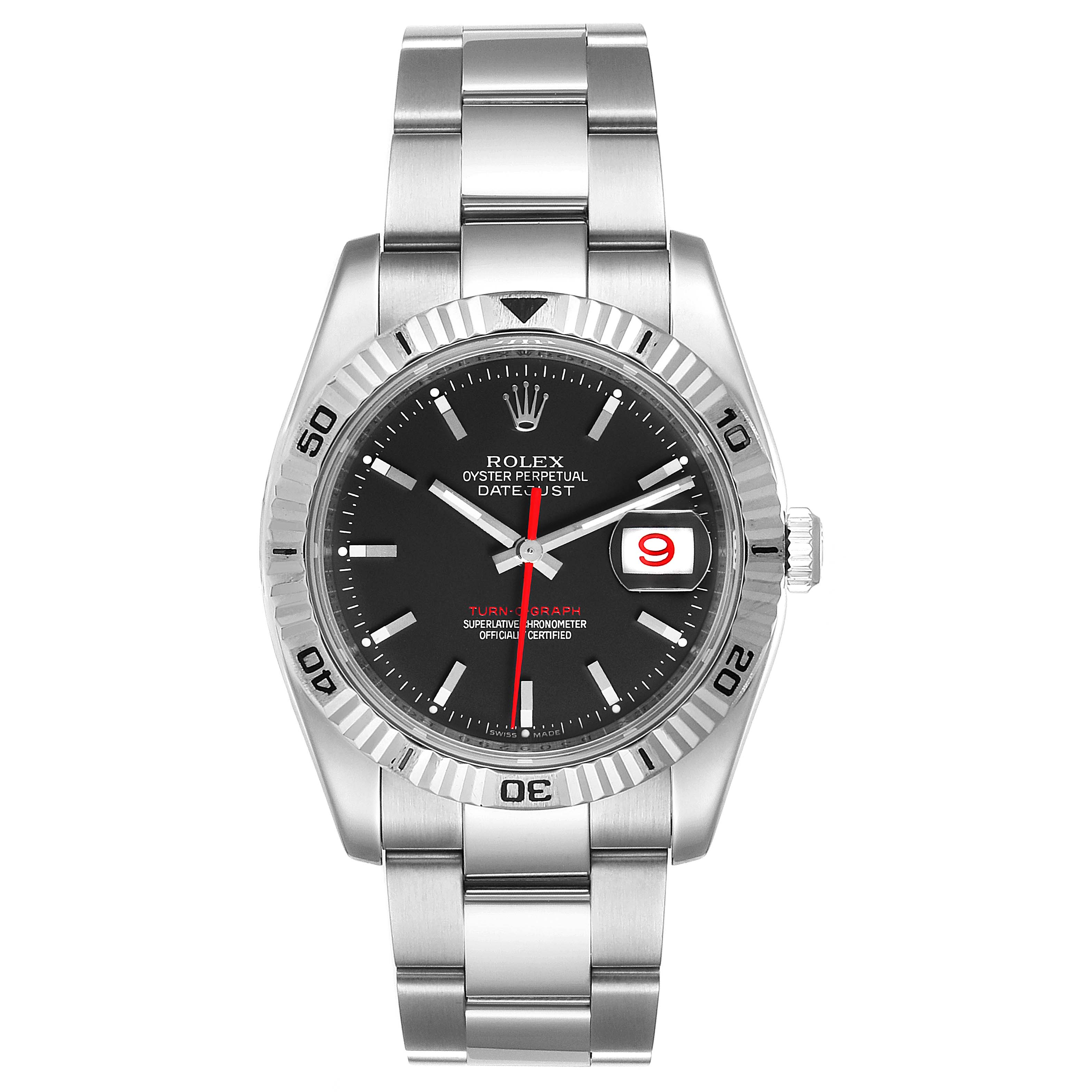 The image shows a frontal view of a Rolex Turn-o-Graph 116264 Men's Stainless Steel Black Dial 116264 Men's Stainless Steel Black Dial watch, featuring its dial, bezel, bracelet, and date display.