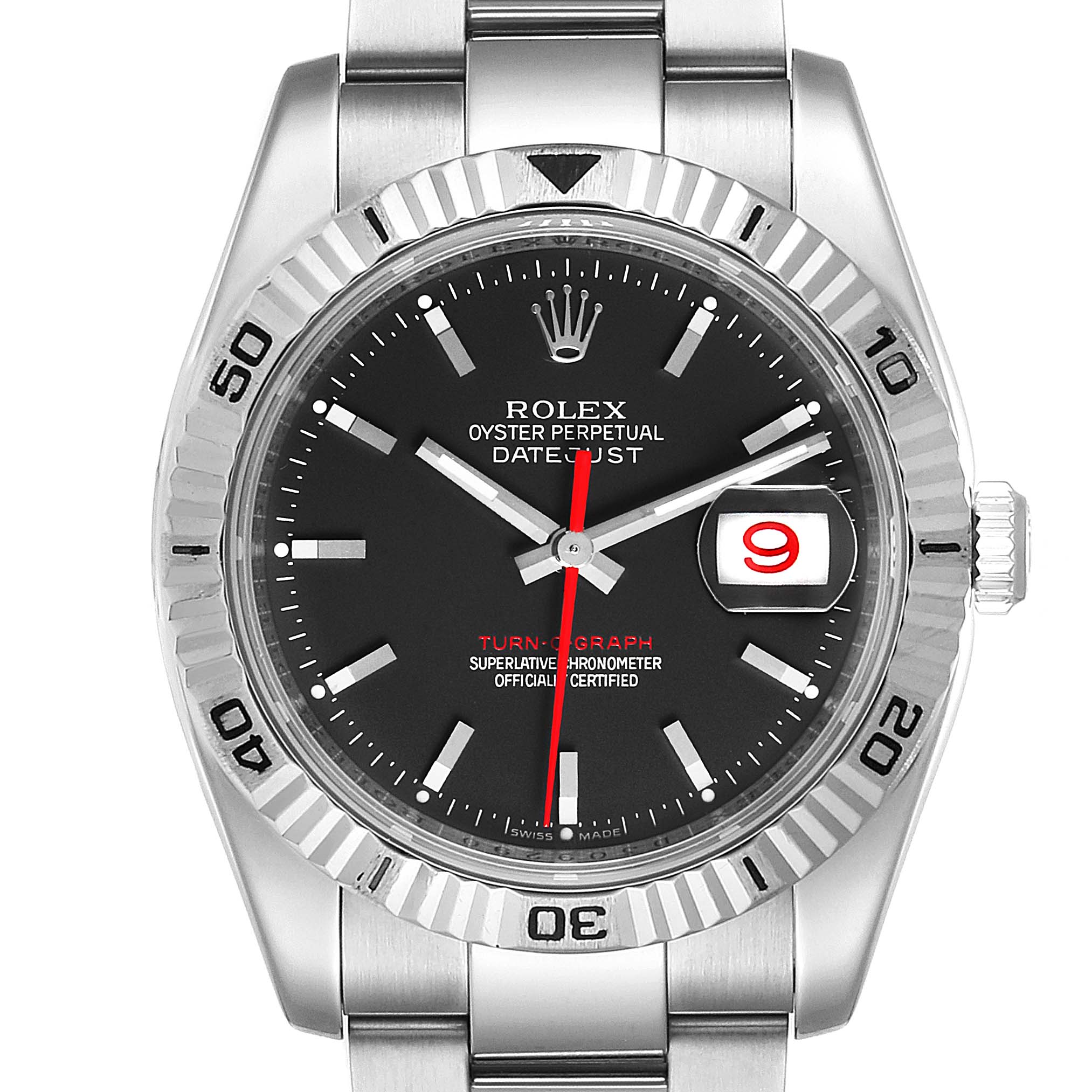 This image shows a front view of the Rolex Turn-o-Graph 116264 Men's Stainless Steel Black Dial 116264 Men's Stainless Steel Black Dial watch, highlighting its face, bezel, and part of the bracelet.