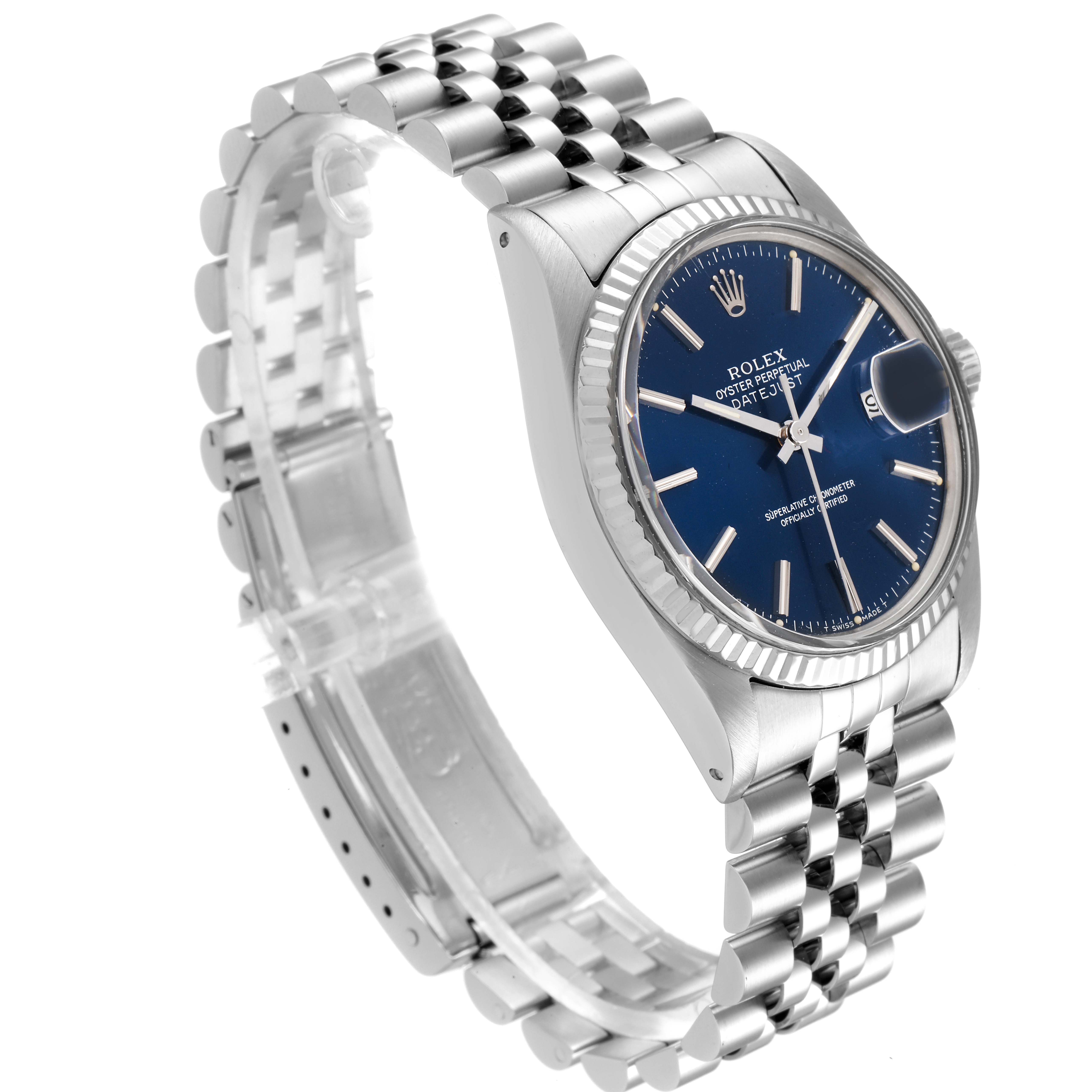 This image shows a Rolex Vintage Collection 16014 Men's Stainless Steel Blue Dial 16014 Men's Stainless Steel Blue Dial model watch at a slight angle, displaying the face, bezel, and part of the bracelet.