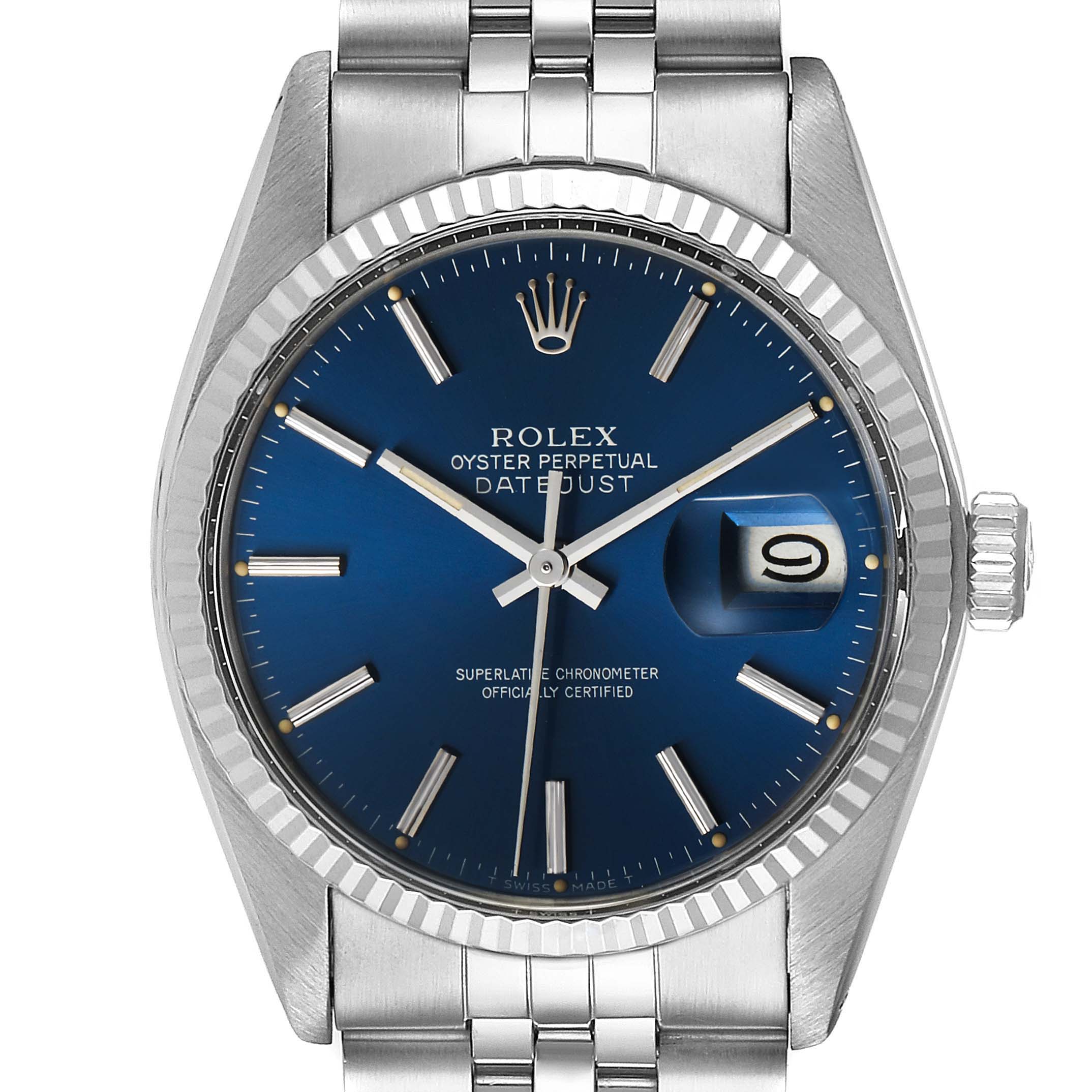 The image shows a frontal view of the Rolex Vintage Collection 16014 Men's Stainless Steel Blue Dial 16014 Men's Stainless Steel Blue Dial Datejust watch, displaying its blue dial, date window, and stainless steel band.