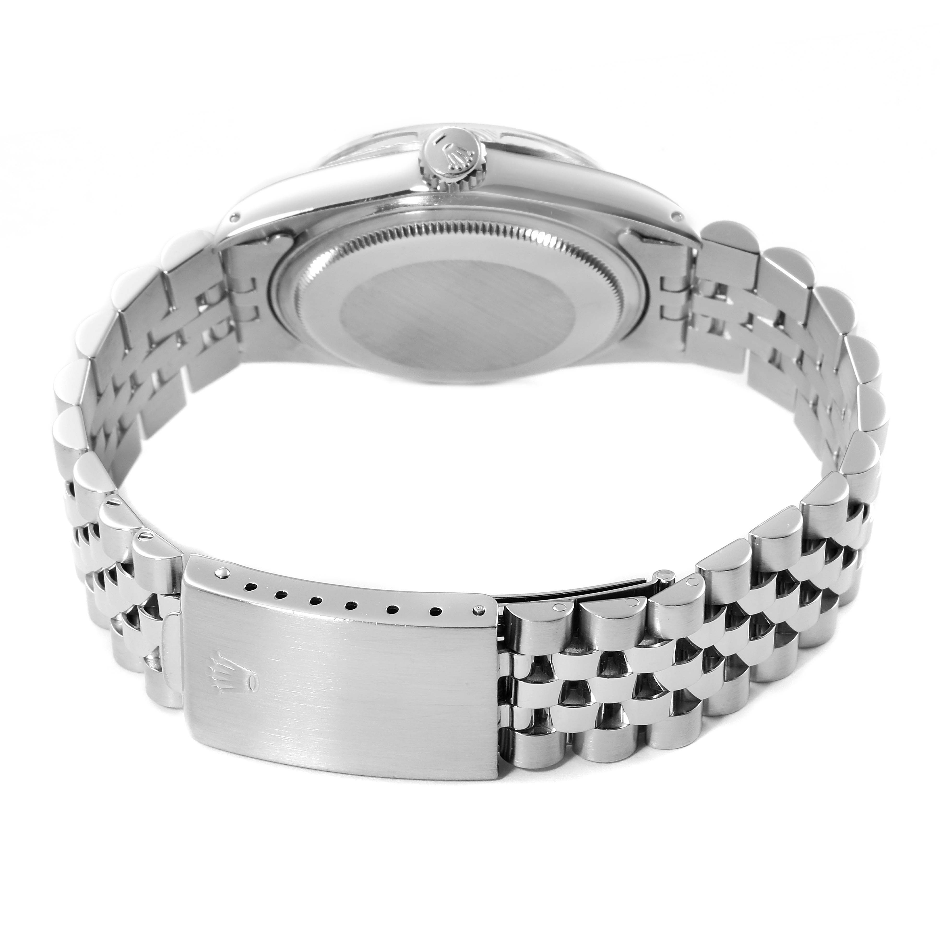 The image shows the back view of a Rolex Vintage Collection 16014 Men's Stainless Steel Blue Dial 16014 Men's Stainless Steel Blue Dial watch, highlighting its case back and metal bracelet.