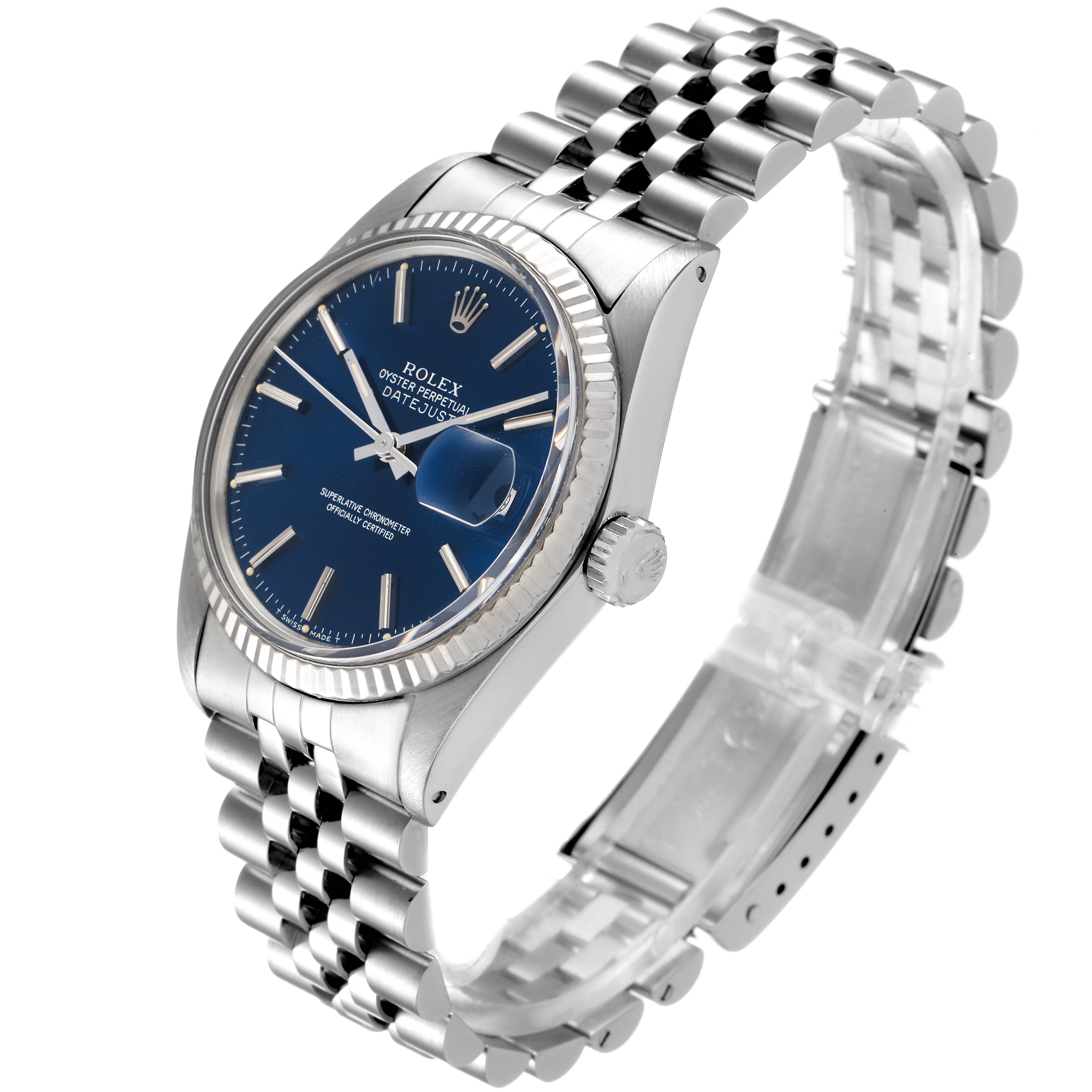 The Rolex Vintage Collection 16014 Men's Stainless Steel Blue Dial 16014 Men's Stainless Steel Blue Dial model is shown at an angle, displaying its blue dial, fluted bezel, and stainless steel jubilee bracelet.