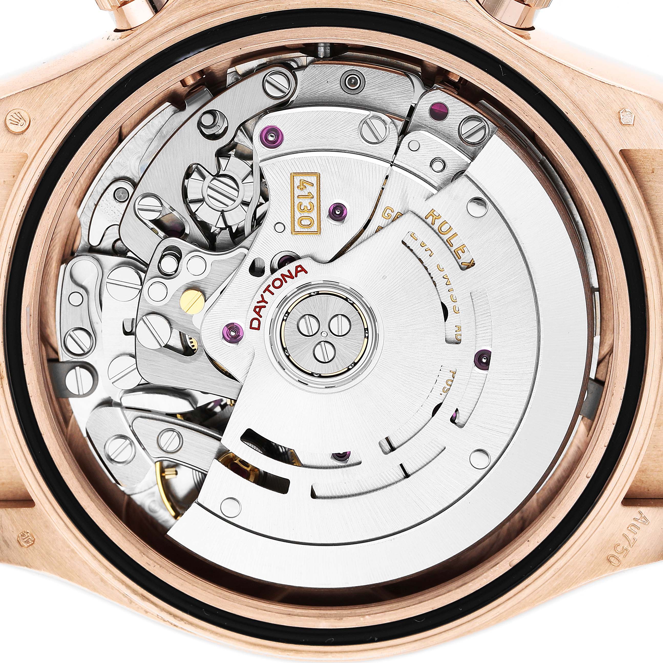 The image shows the movement of a Rolex Daytona 116515LN Men's Rose Gold Black Dial watch viewed from the back, highlighting its intricate mechanisms.