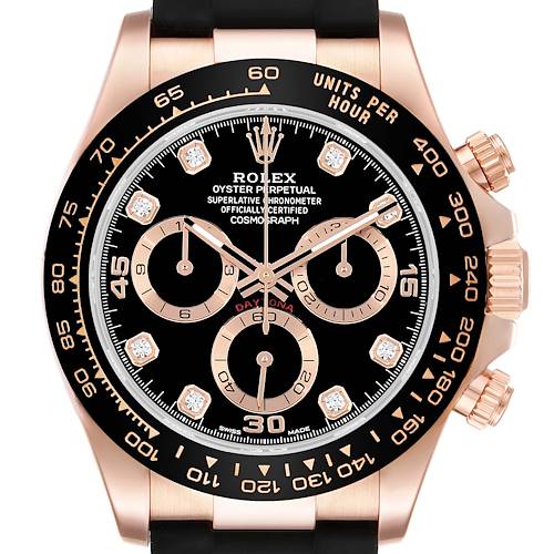 The image shows a frontal view of a Rolex Daytona 116515LN Men's Rose Gold Black Dial watch, highlighting the dial, bezel, and pushers.