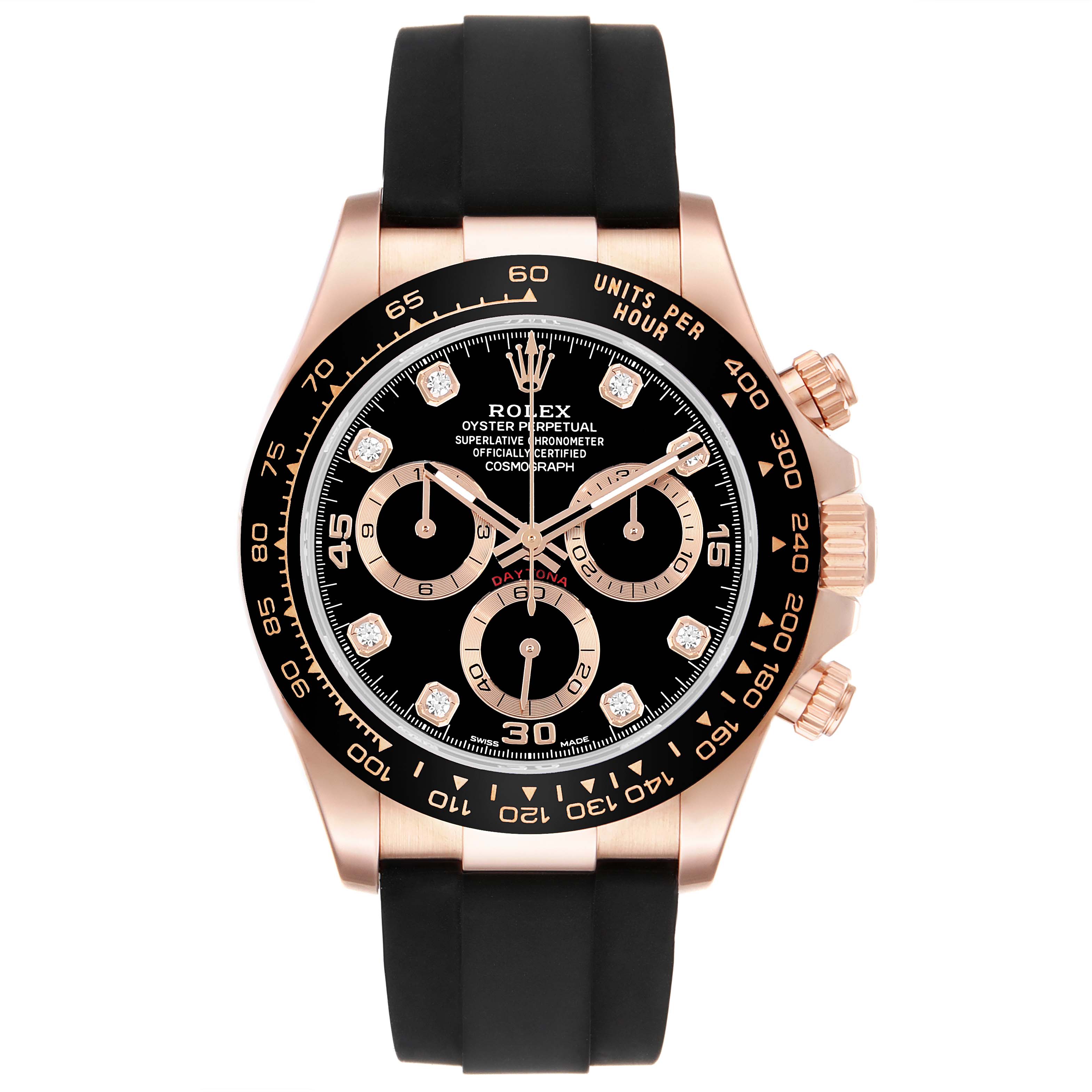 The image shows a frontal view of a Rolex Daytona 116515LN Men's Rose Gold Black Dial watch, highlighting its dial, bezel, and chronograph features.