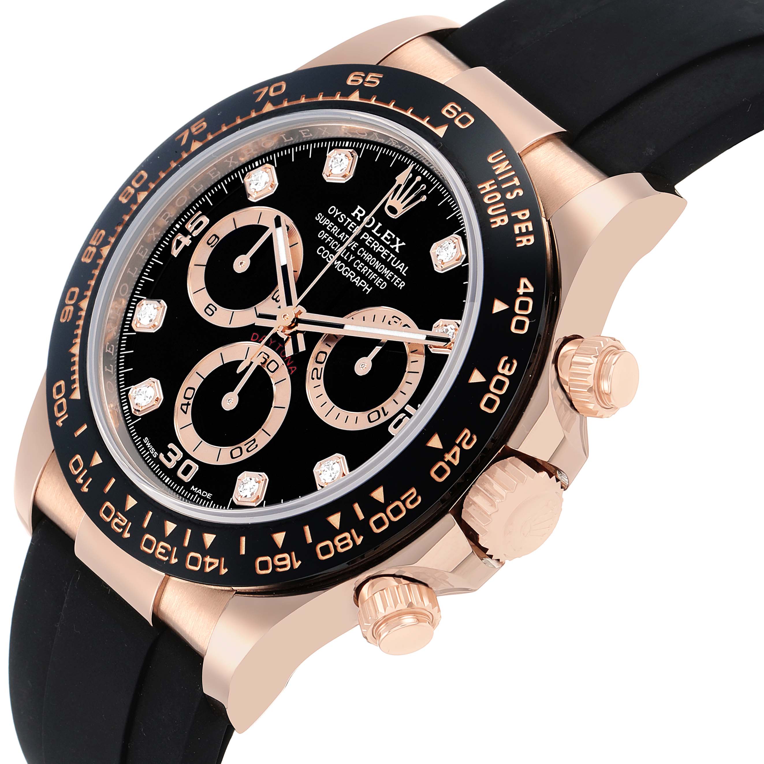The Rolex Daytona 116515LN Men's Rose Gold Black Dial watch is shown at an angle highlighting the black bezel, dial, side buttons, and black strap.