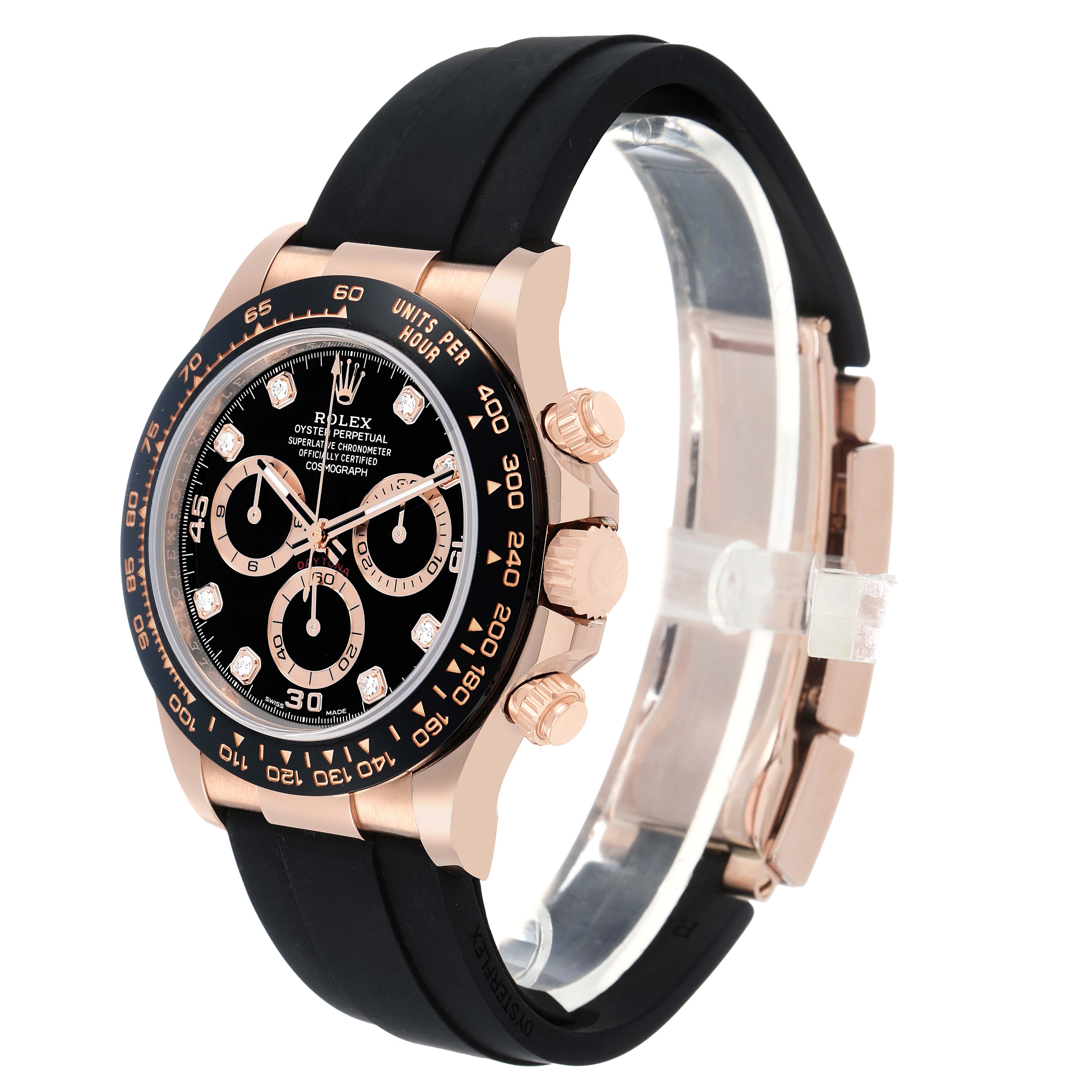 The Rolex Daytona 116515LN Men's Rose Gold Black Dial watch is shown from a side-angle highlighting the bezel, dial, pushers, and rubber strap.