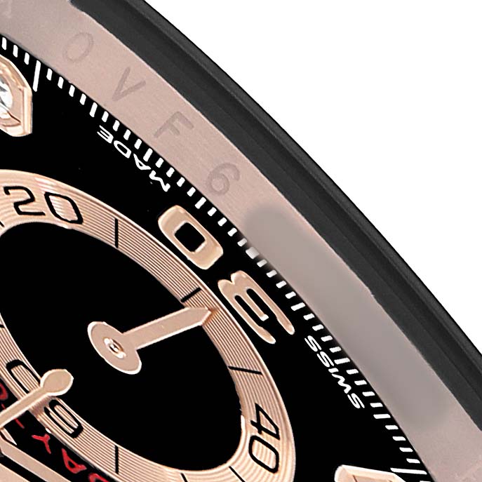 The image shows a close-up of the dial and bezel edge of a Rolex Daytona 116515LN Men's Rose Gold Black Dial watch, focusing on the chronograph minute markers.
