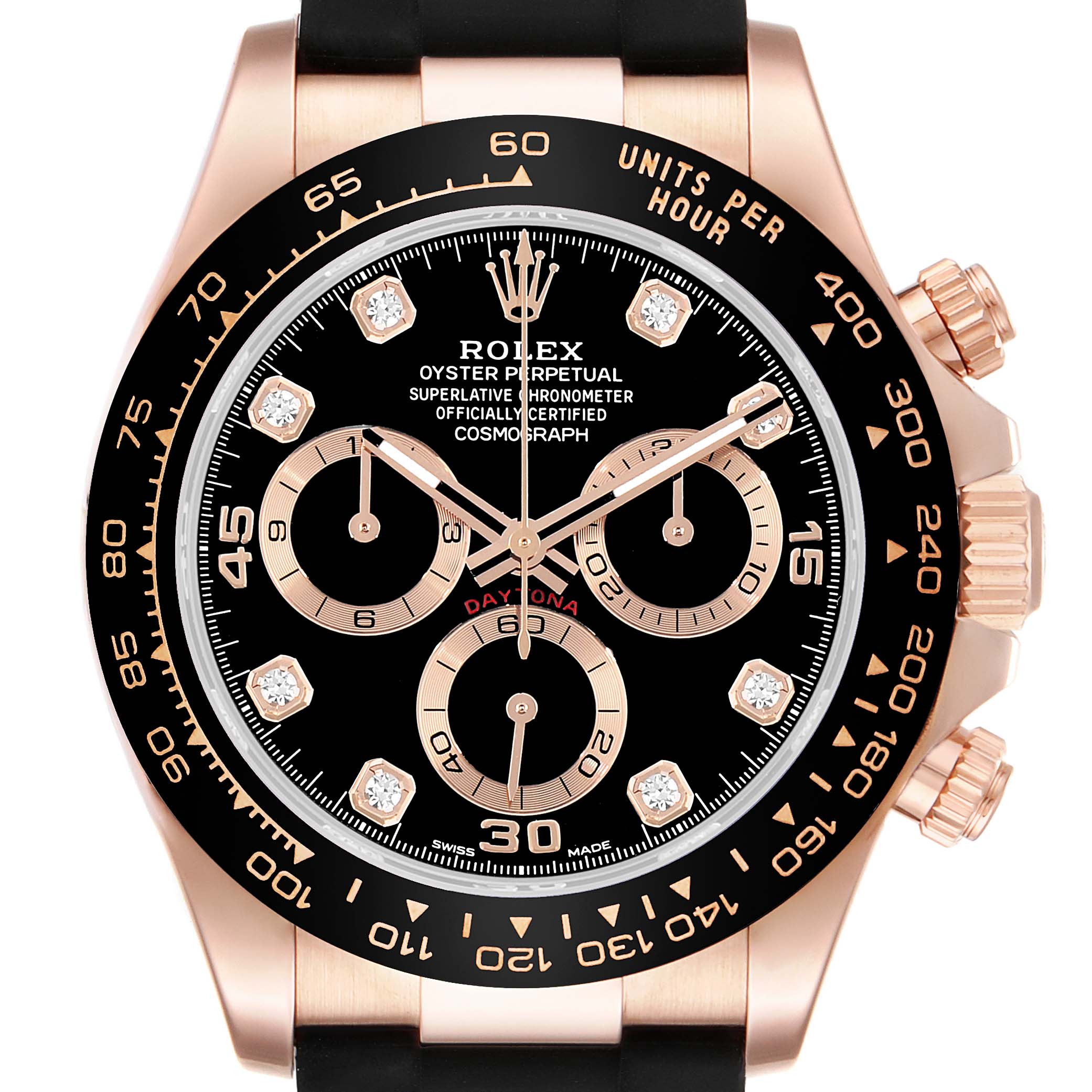 The Rolex Daytona 116515LN Men's Rose Gold Black Dial watch is shown from a front angle, featuring the dial, bezel, and part of the case and strap.