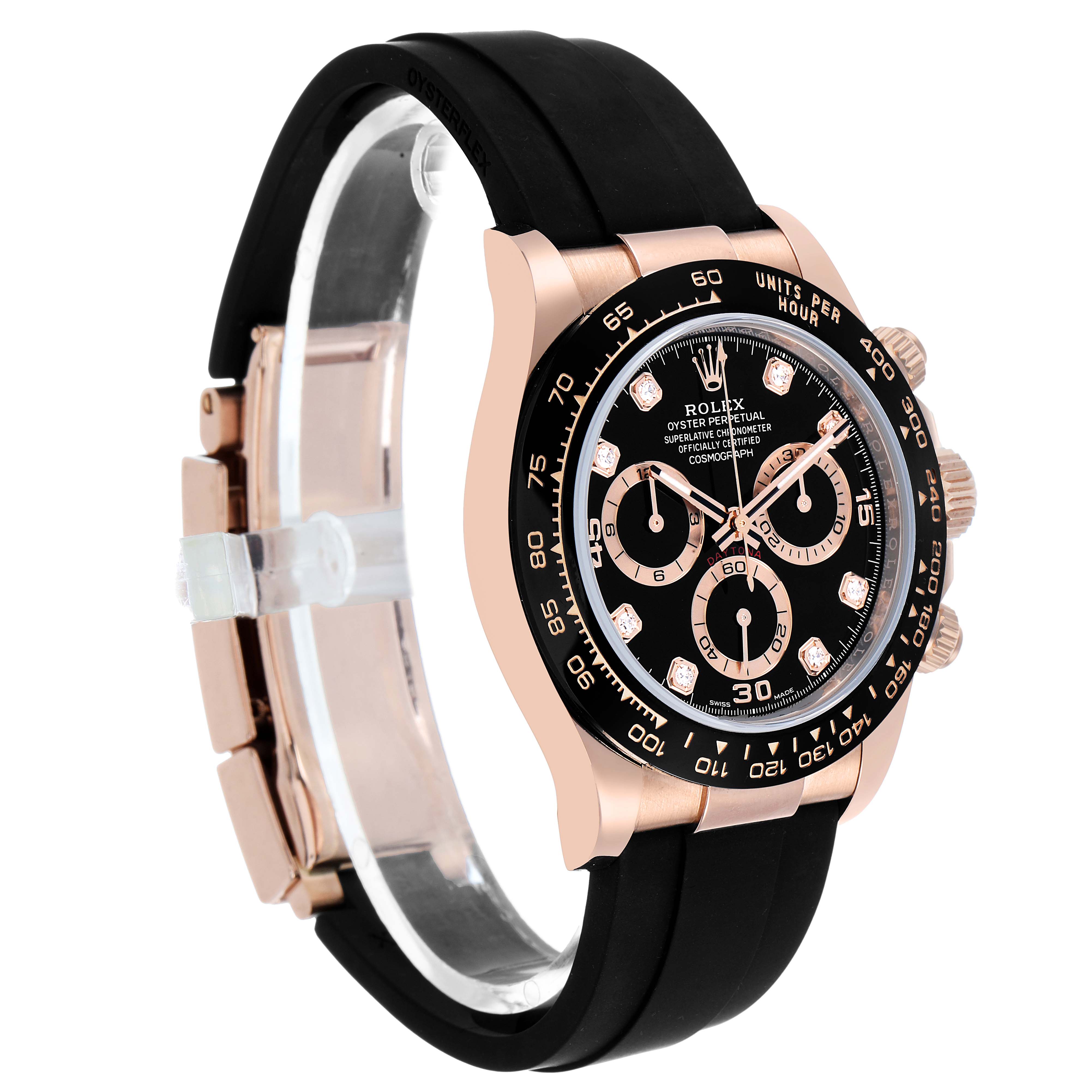 The Rolex Daytona 116515LN Men's Rose Gold Black Dial watch is shown at a front-side angle, highlighting its black dial, gold case, and black strap.